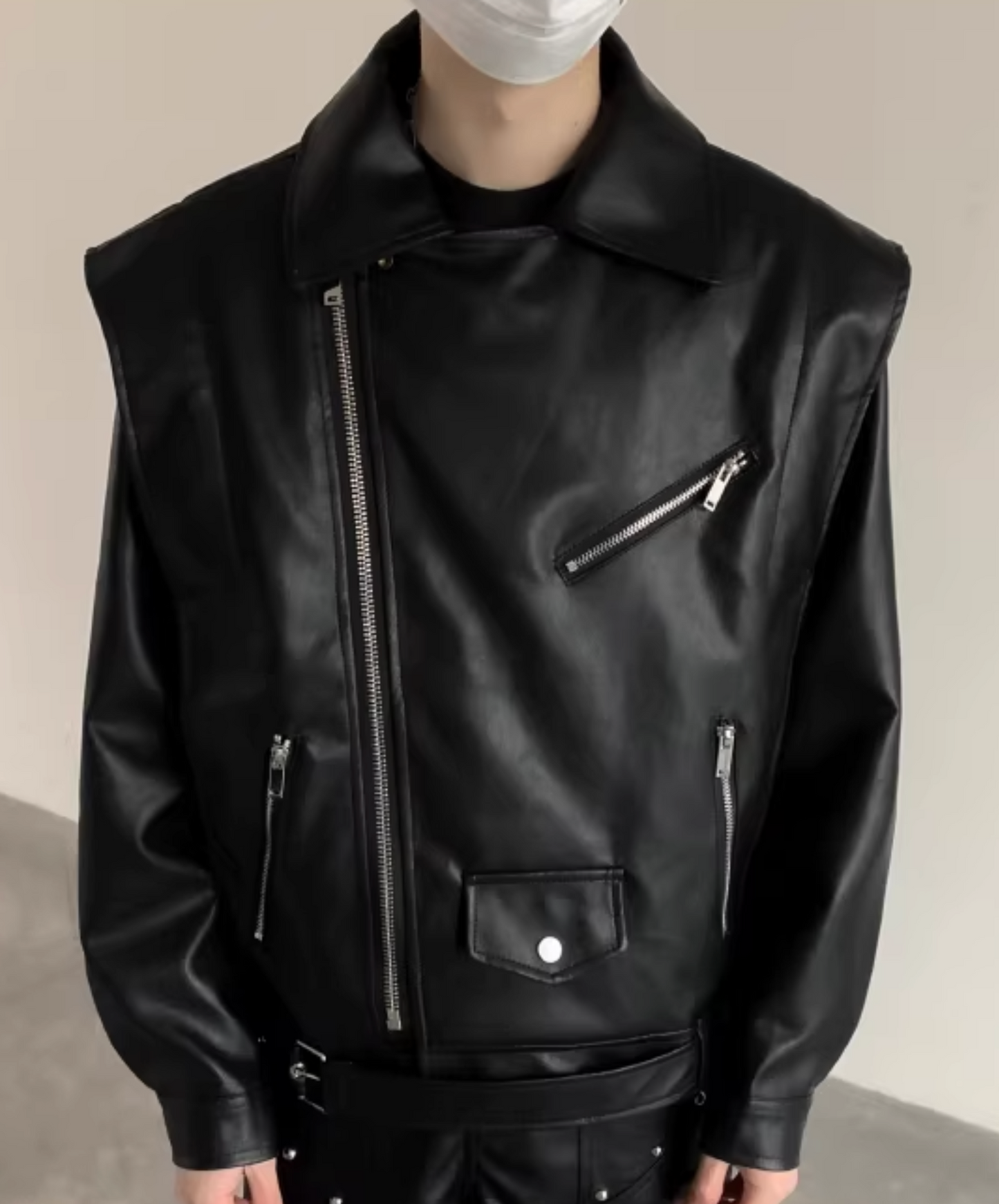 loose lapel pu leather jacket EN2621