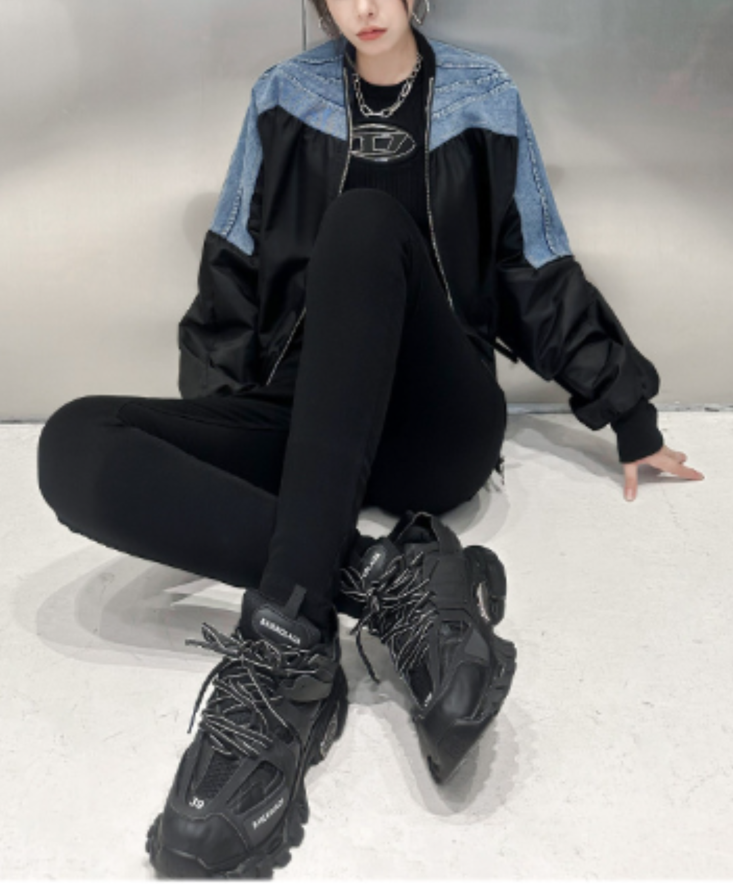 cropped denim patchwork style zipper jacket EN3112