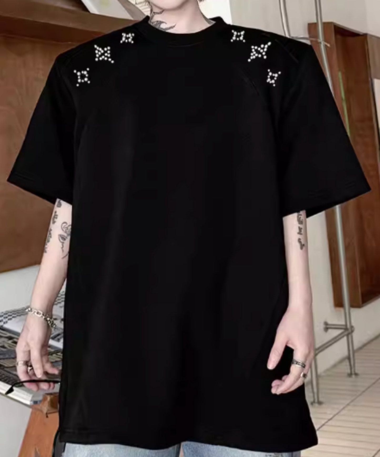 sparkling star motif bead decoration t-shirt EN2827