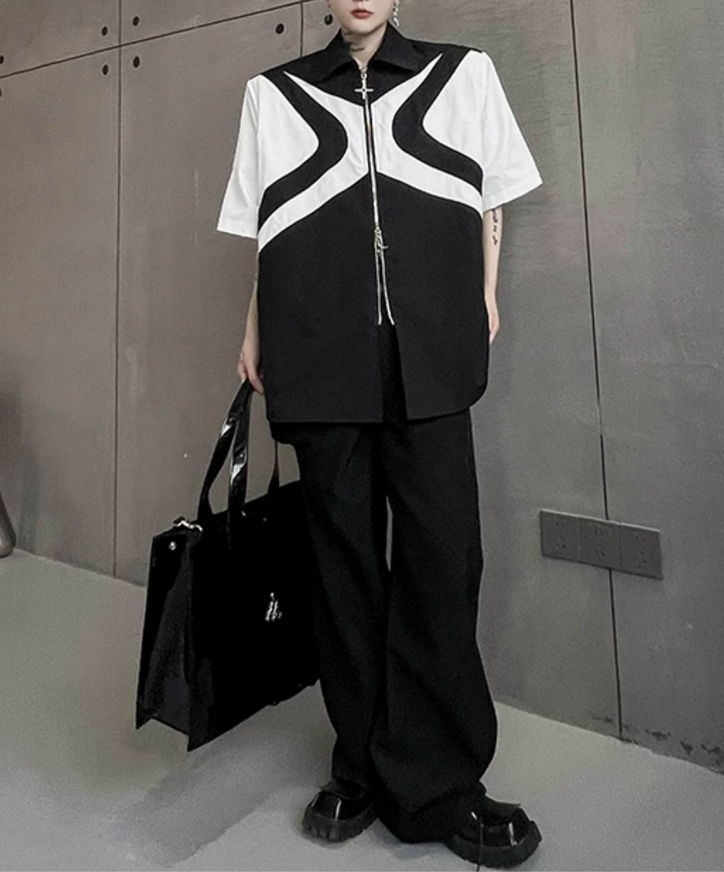 dark double zipper x design shirt EN2865