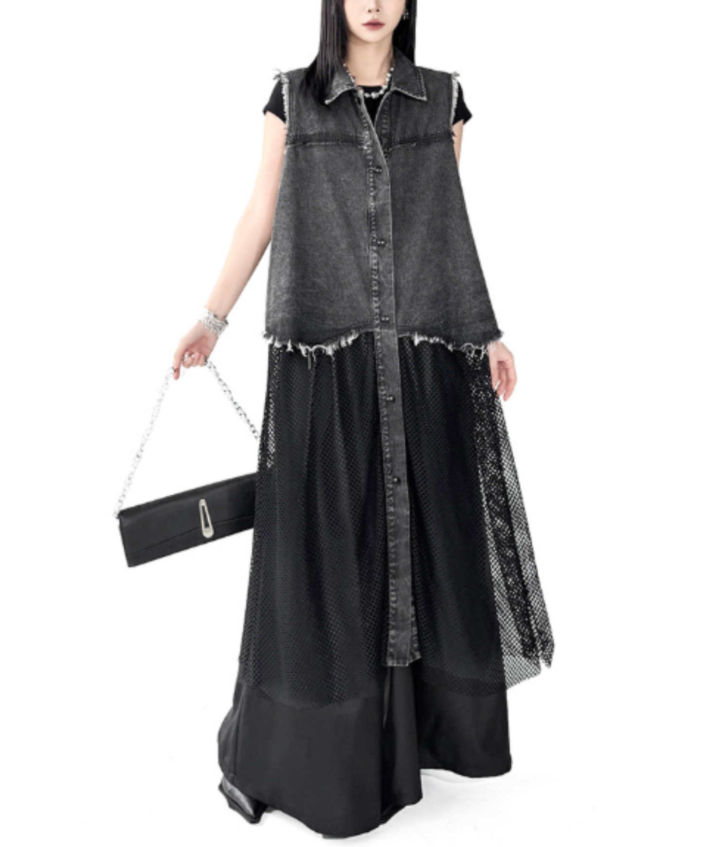 denim patchwork mesh long shirt EN3047