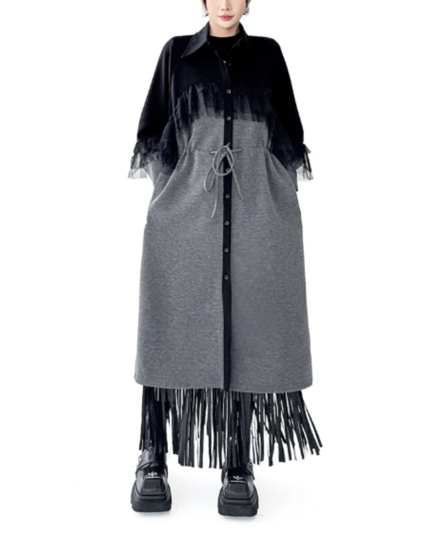 tulle patchwork and shibori detailing long shirt EN3133