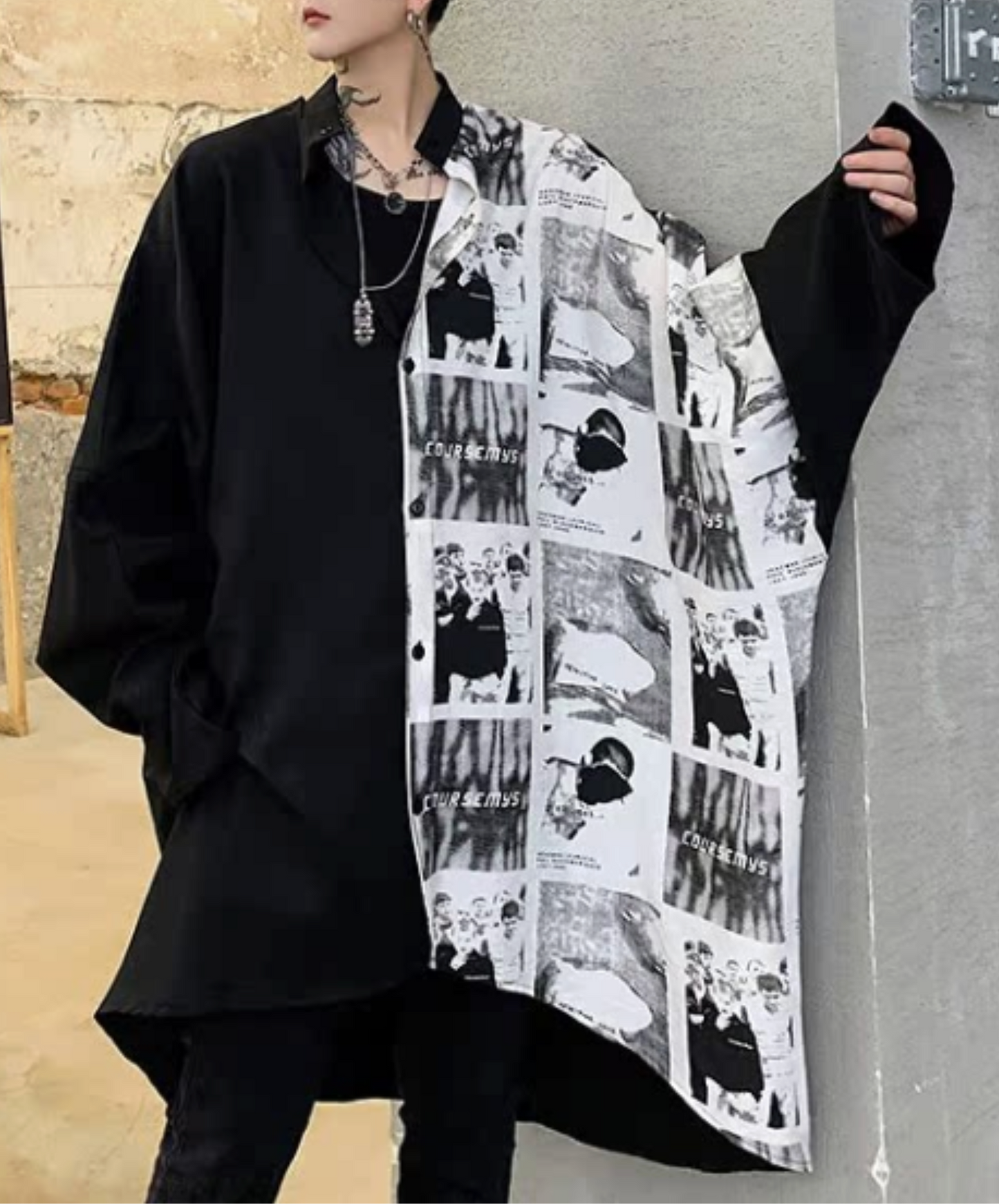 retro photo design asymmetric shirt EN2401