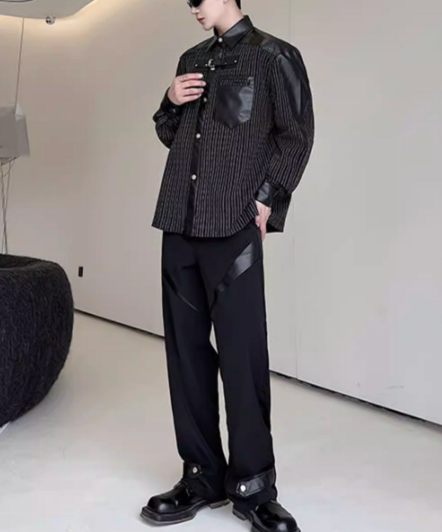 thin striped leather patchwork shirt EN2817