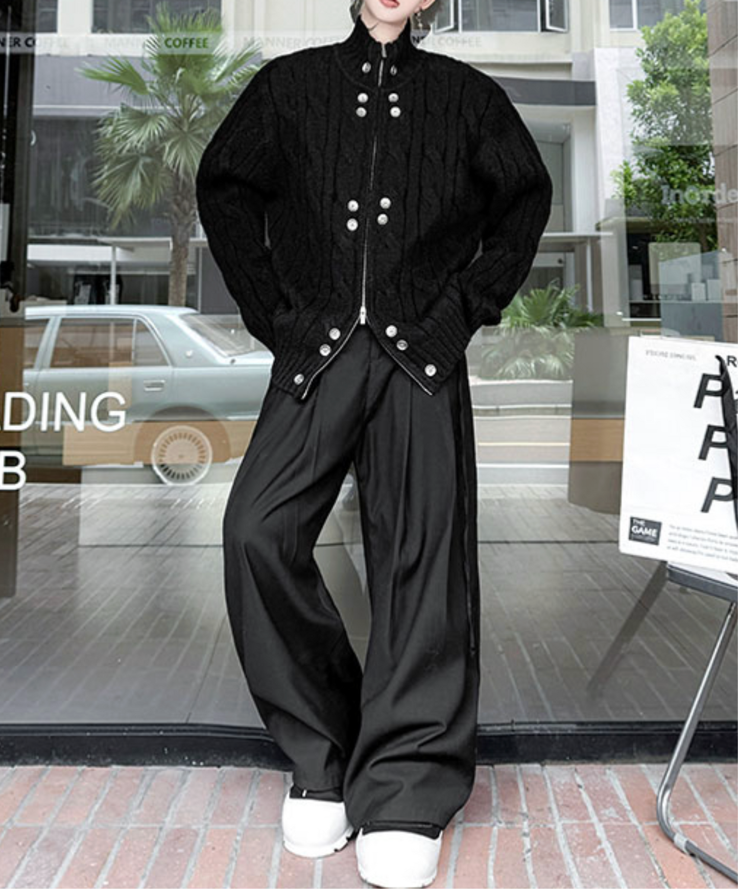 button design stand collar loose sweater EN2475