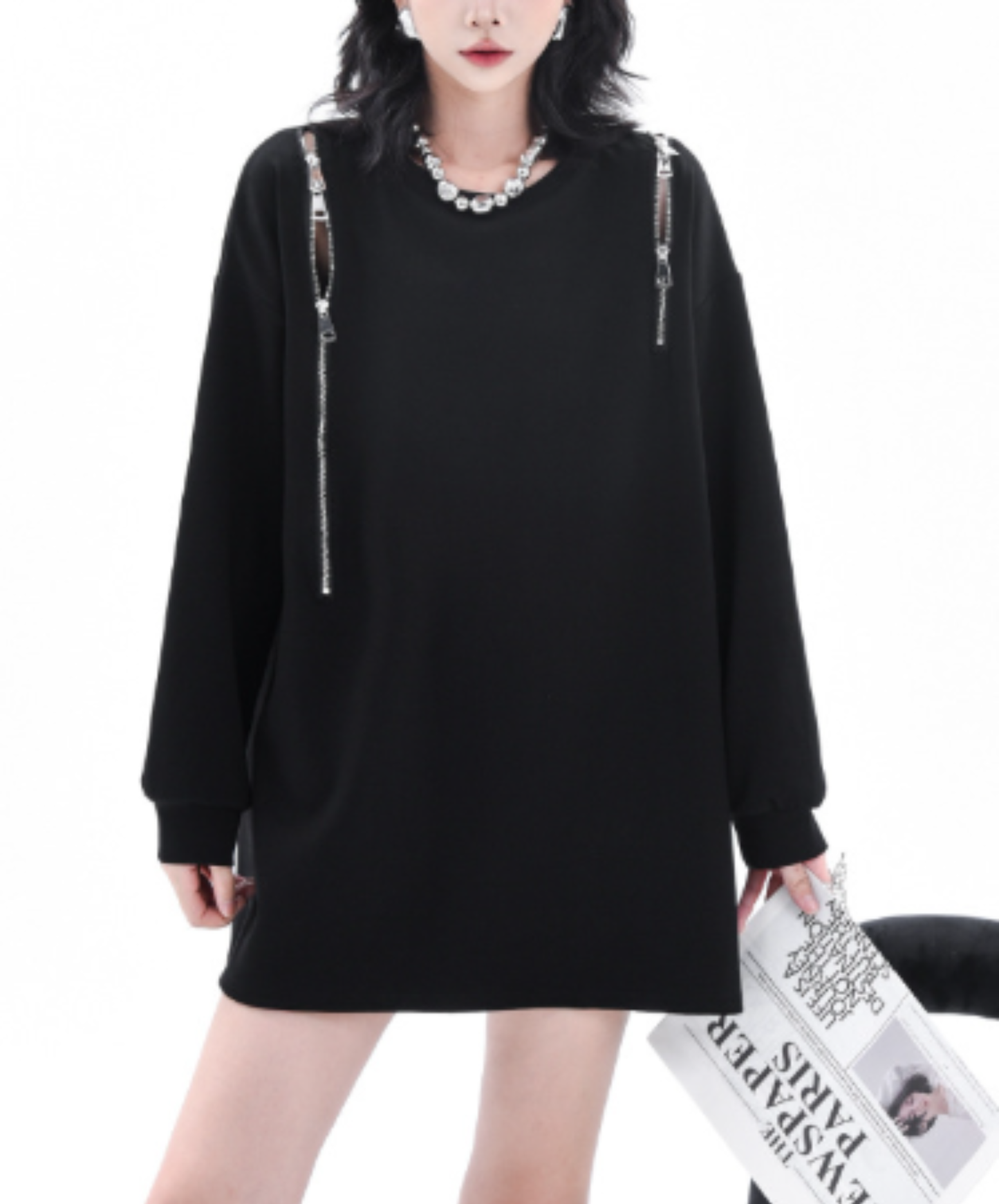 chain-pattern patchwork mid-length style sweatshirt EN3132