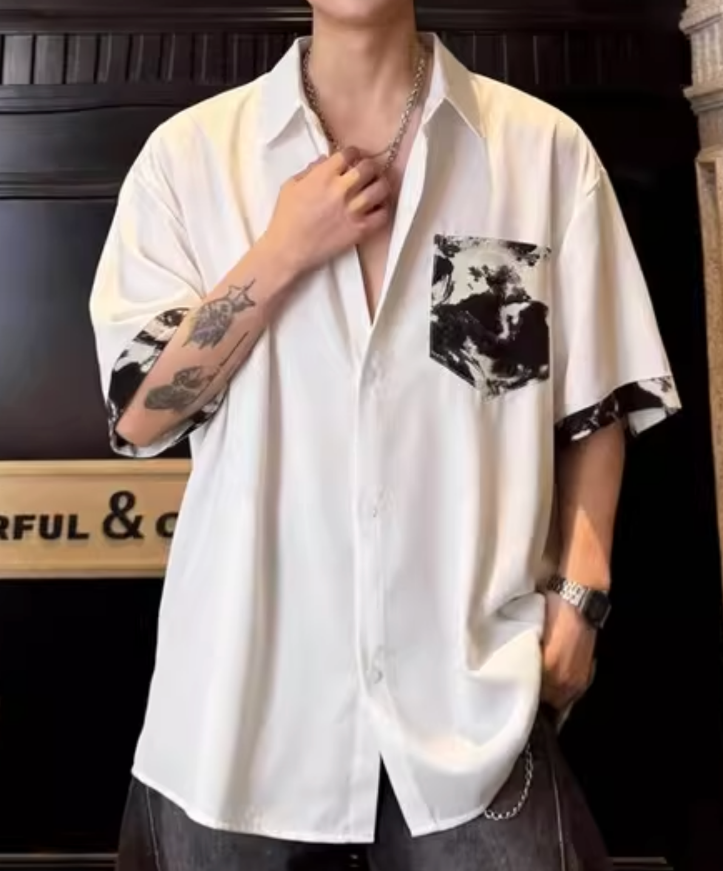 dark color block print shirt EN2800