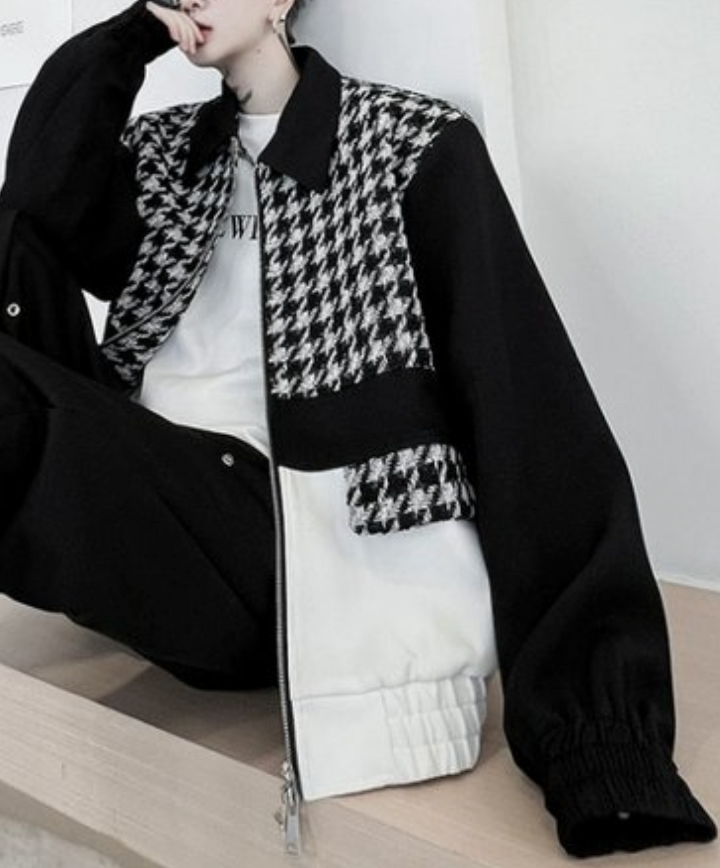 mixed materials houndstooth double zip jacket EN1917