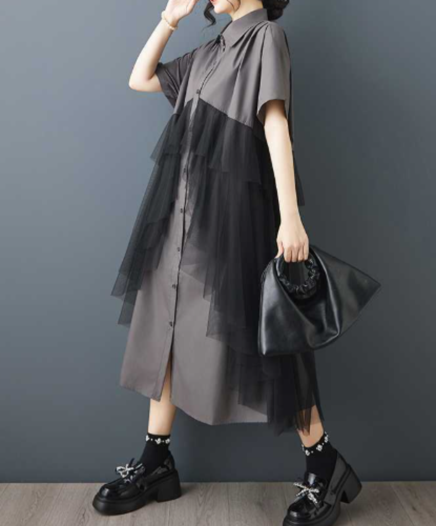 dark mesh patchwork long shirt EN3054