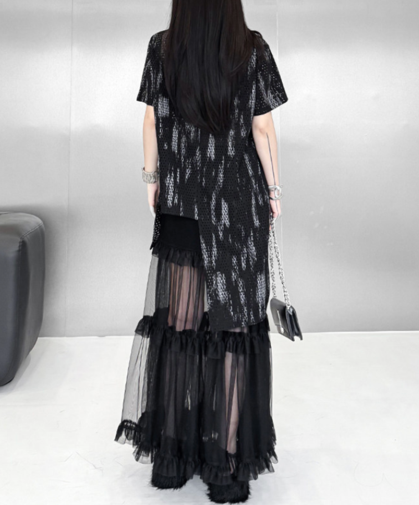 printed mesh asymmetrical t-shirt EN2840