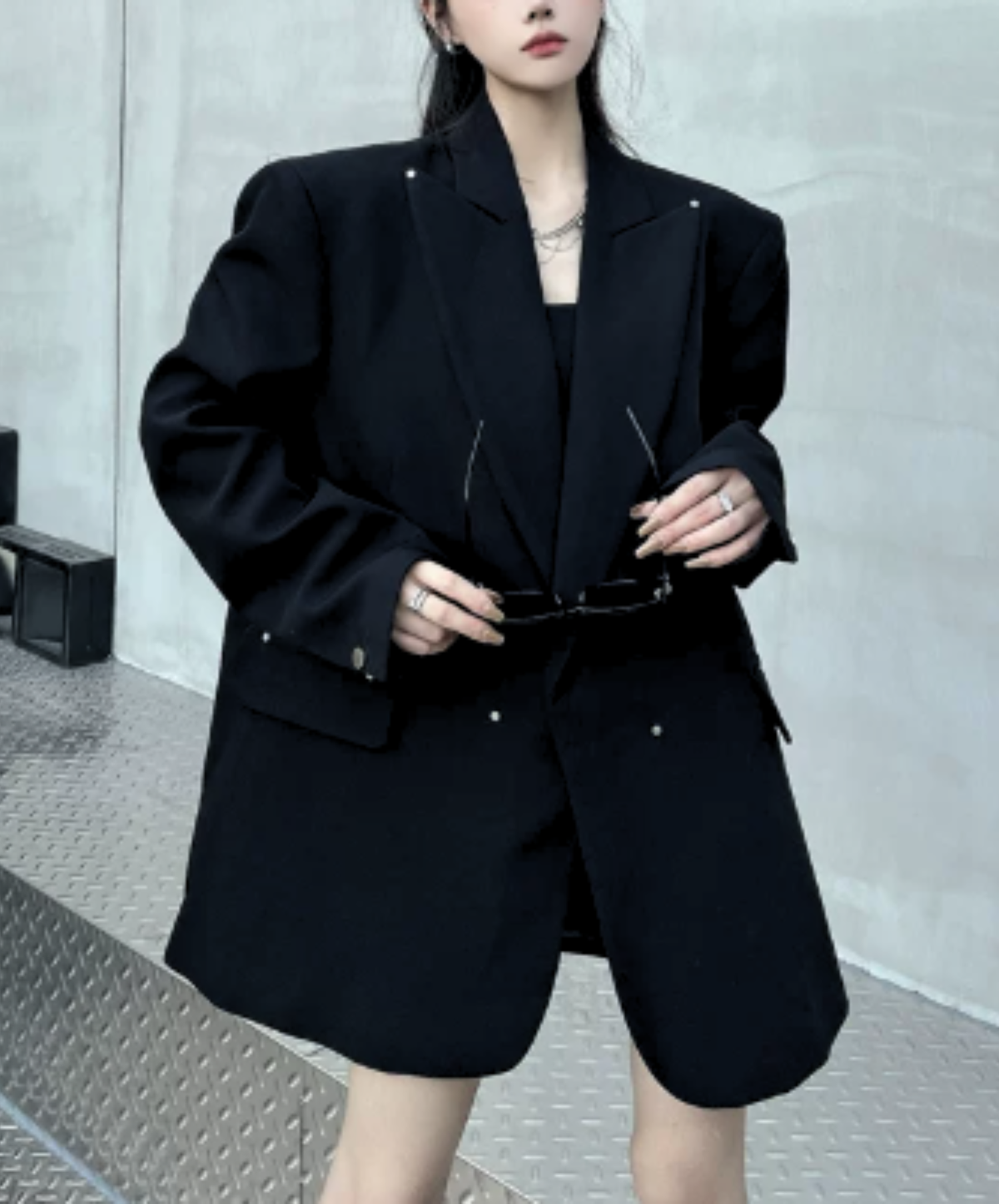 dark shaggy lapel mixed-material paneling jacket EN3190