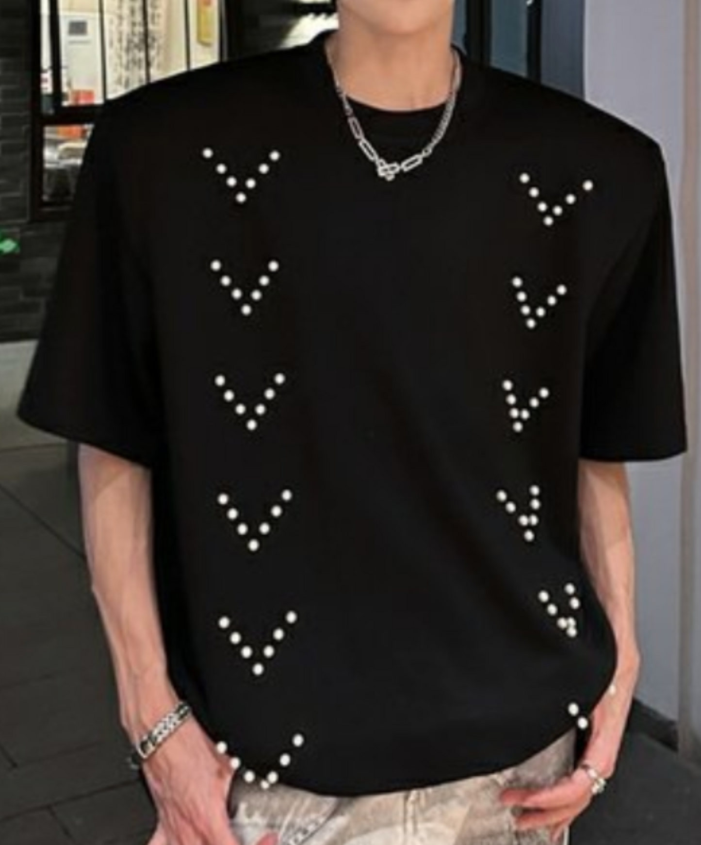 v pearl decoration t-shirt EN2090