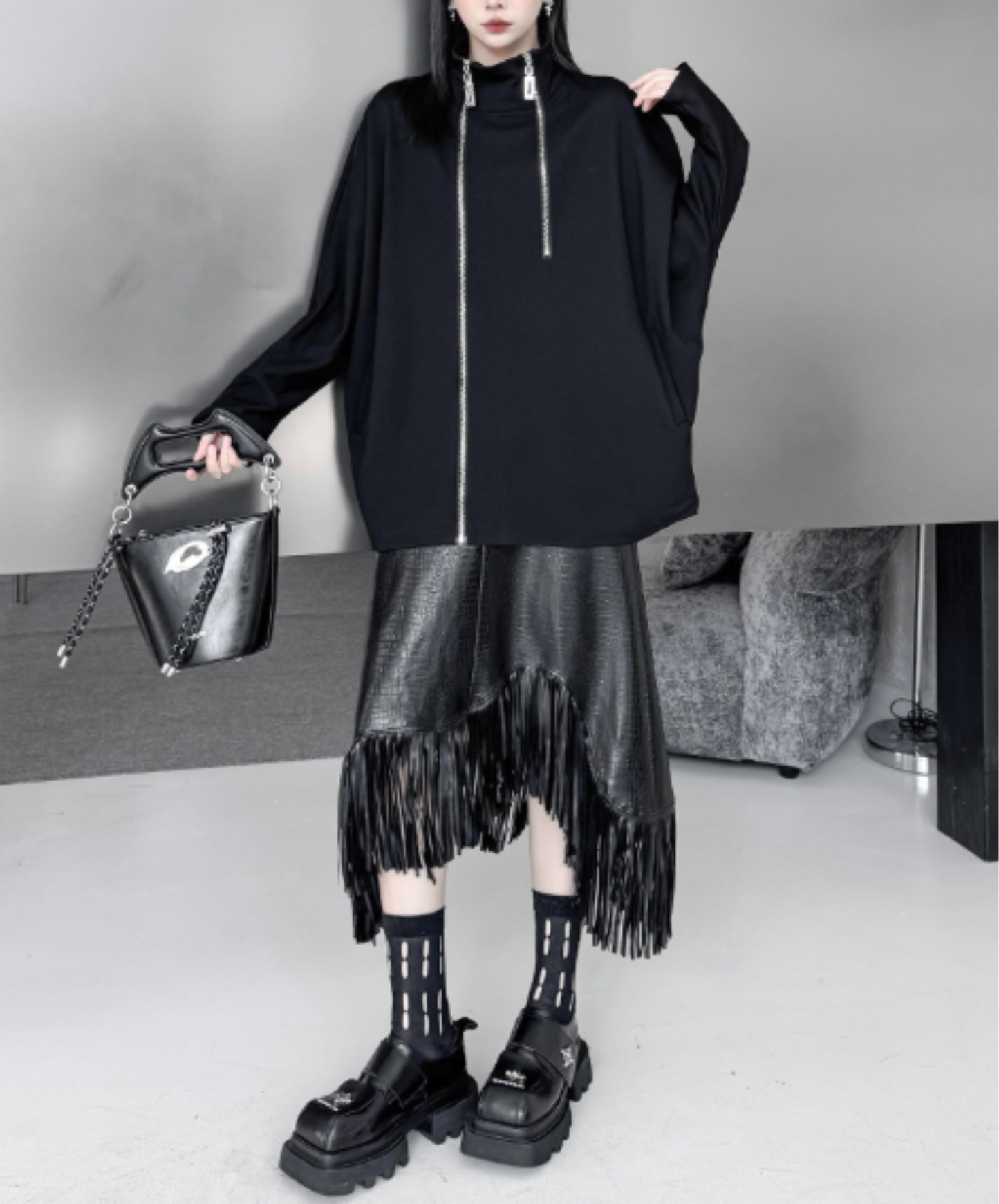 double-zipper dolman sleeve sweatshirt EN3115