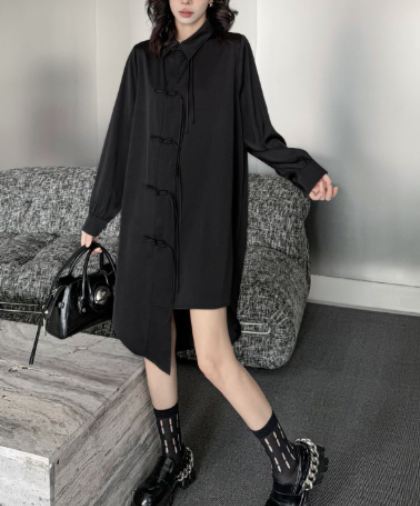 dark chinese-style irregular-cut button long shirt EN3109