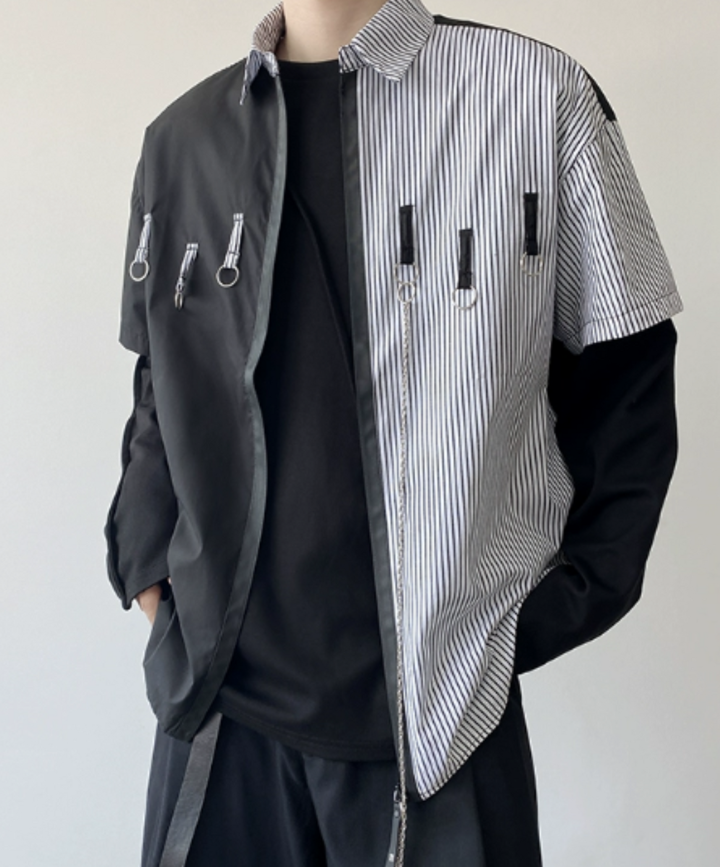 dark stripe switching design zip shirt EN1097