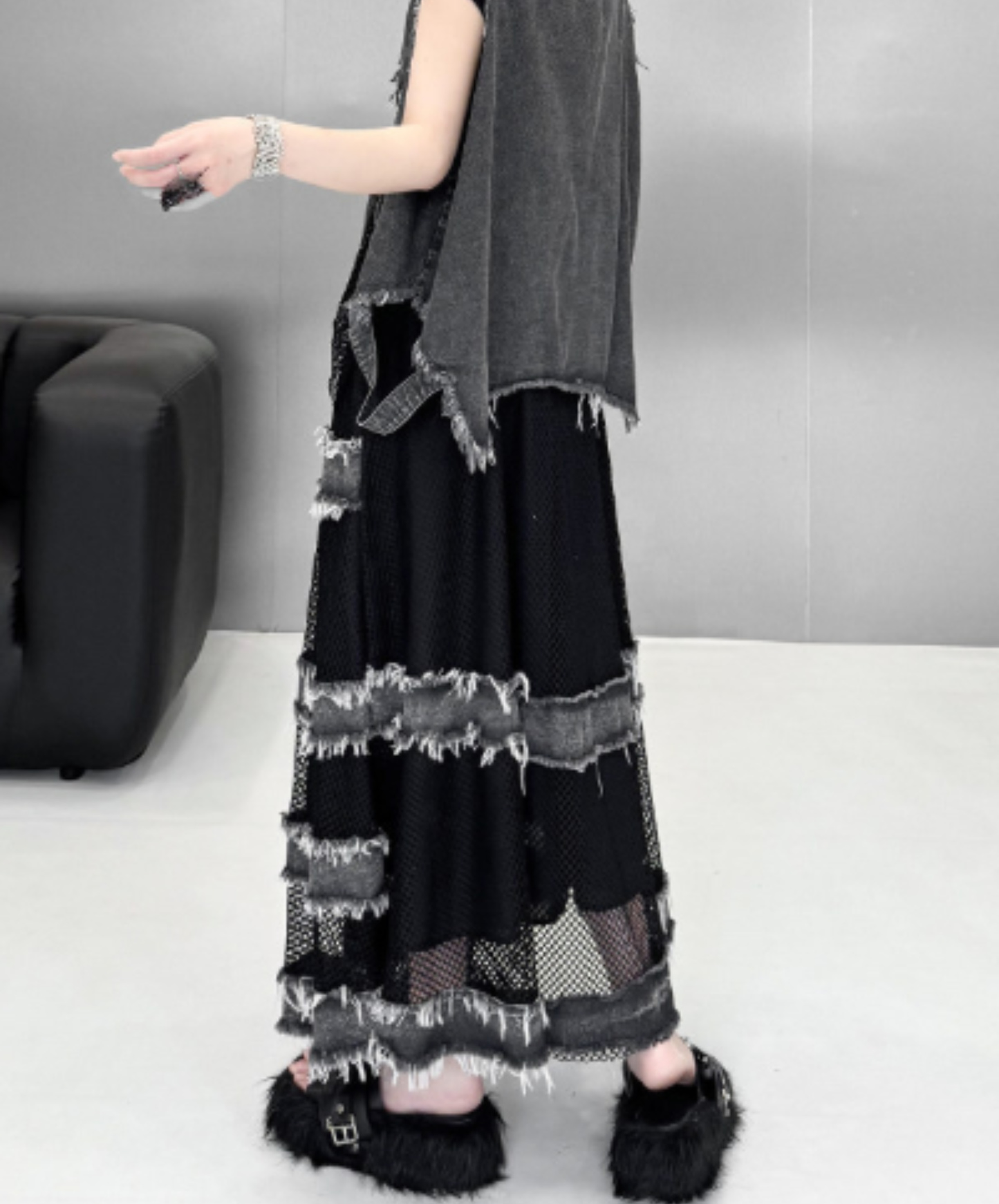 mesh patchwork with elastic waist skirt EN2999