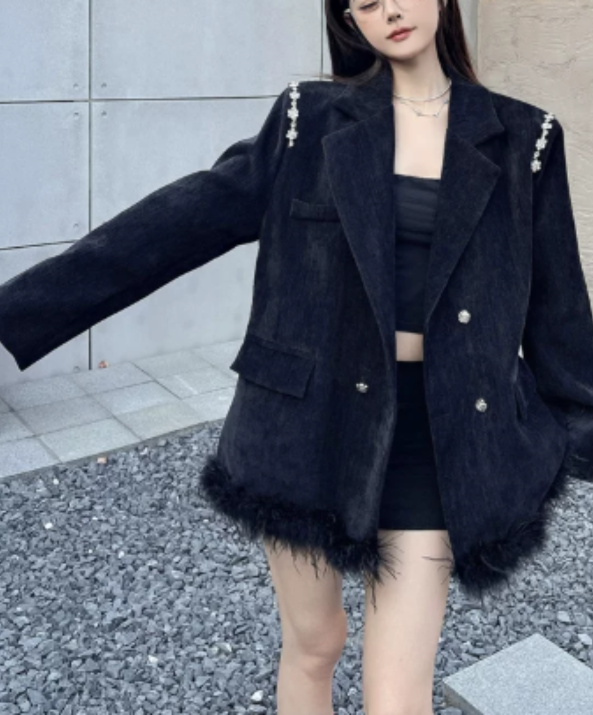 dark fur hem with floral lace embellishment jacket EN3191