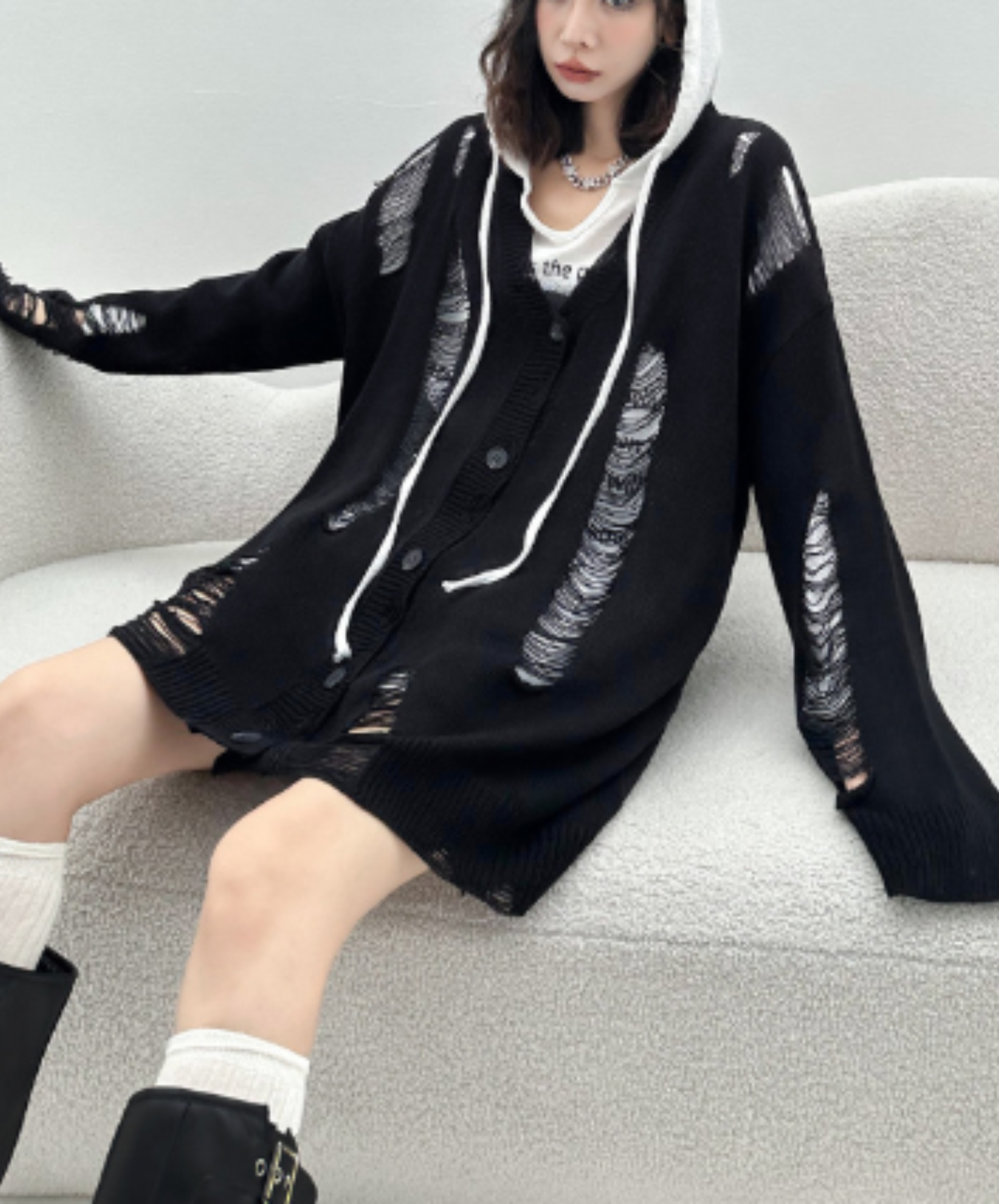 dolman-sleeve top with heavy distressing cardigan EN3123