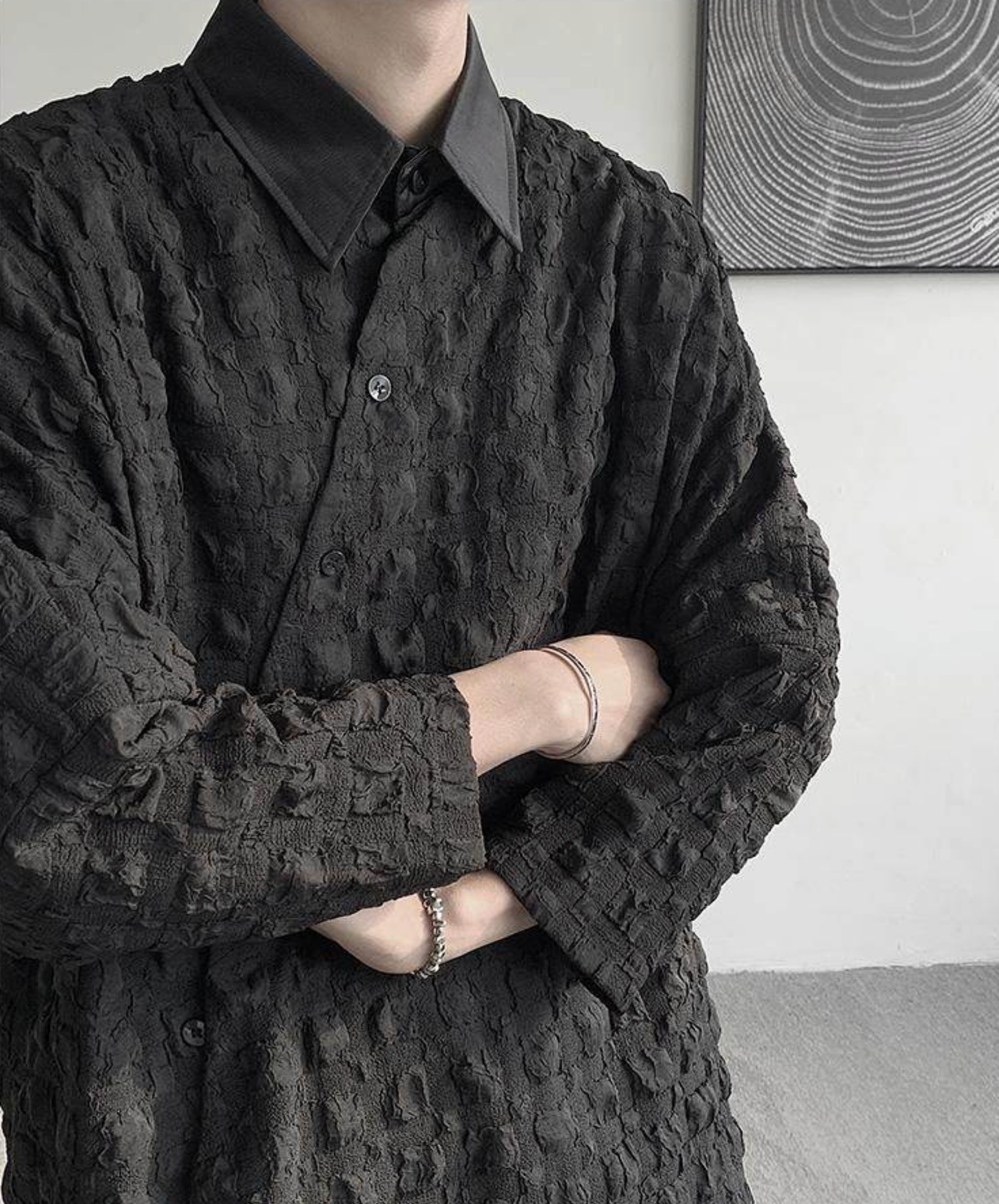 Irregular diagonal embossed placket shirt EN2696