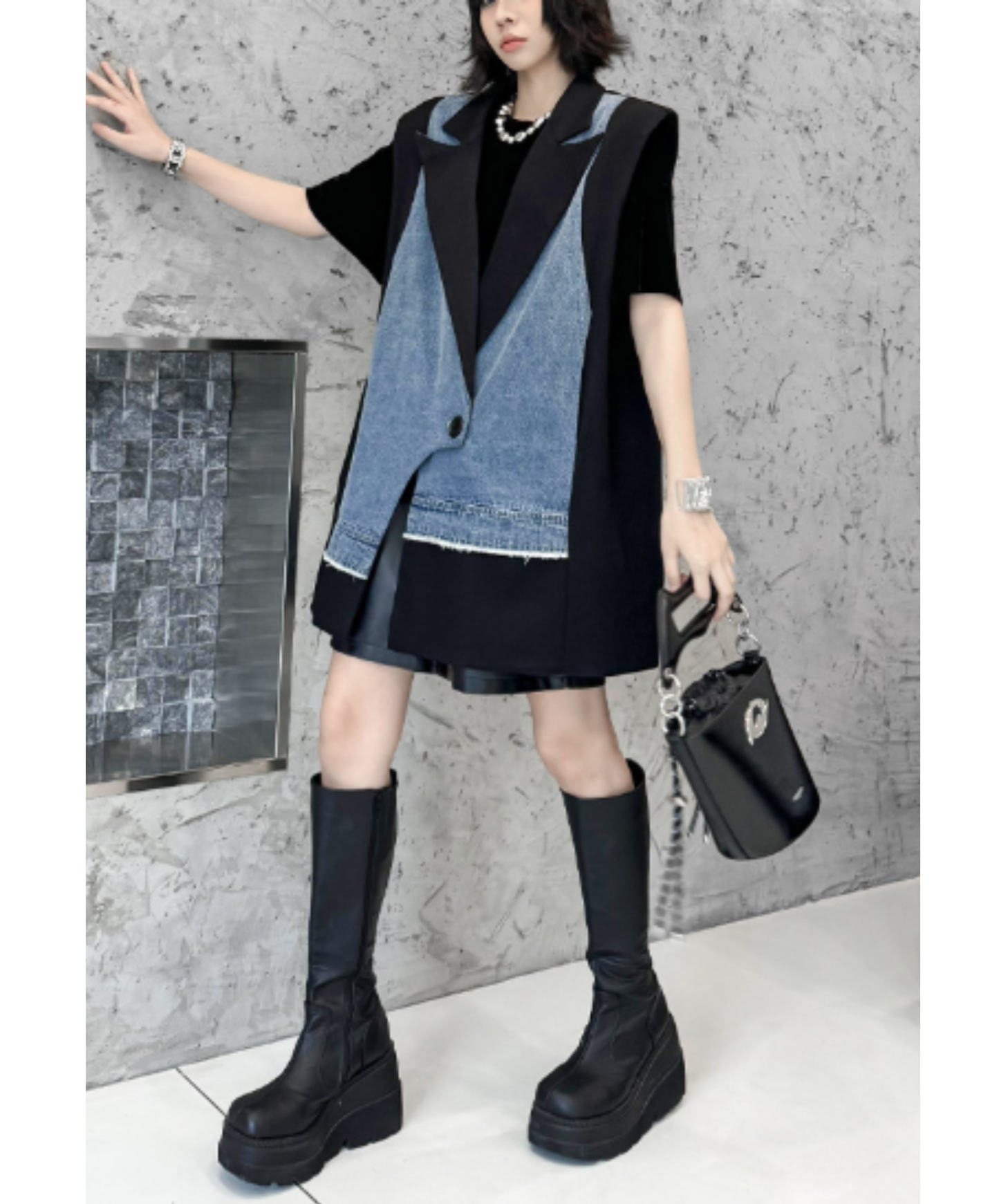 denim patchwork asymmetric vest EN2893