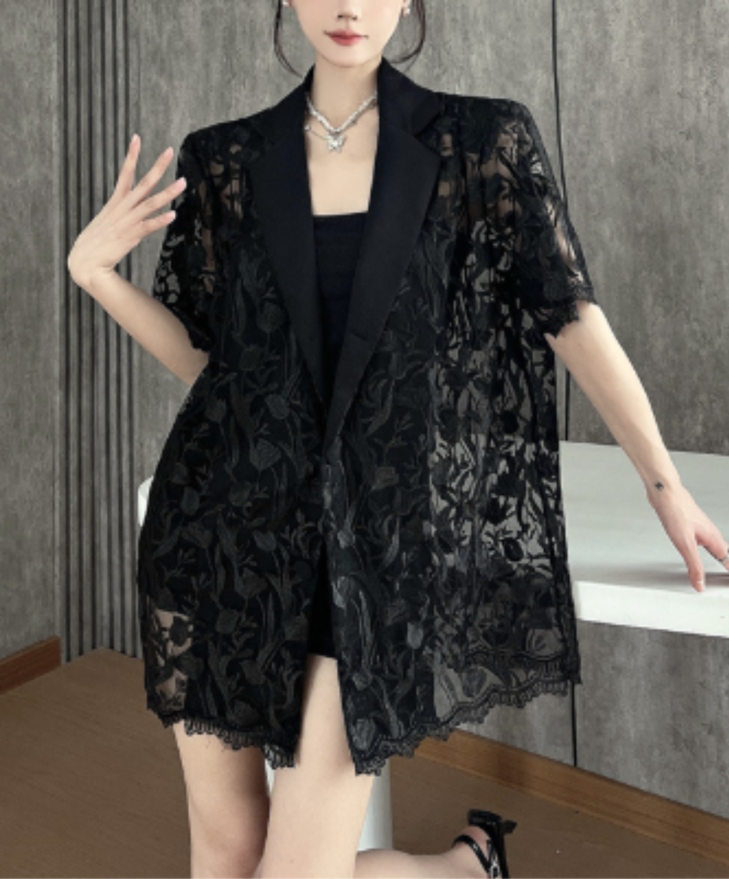 embroidered mesh patchwork jacket EN2966