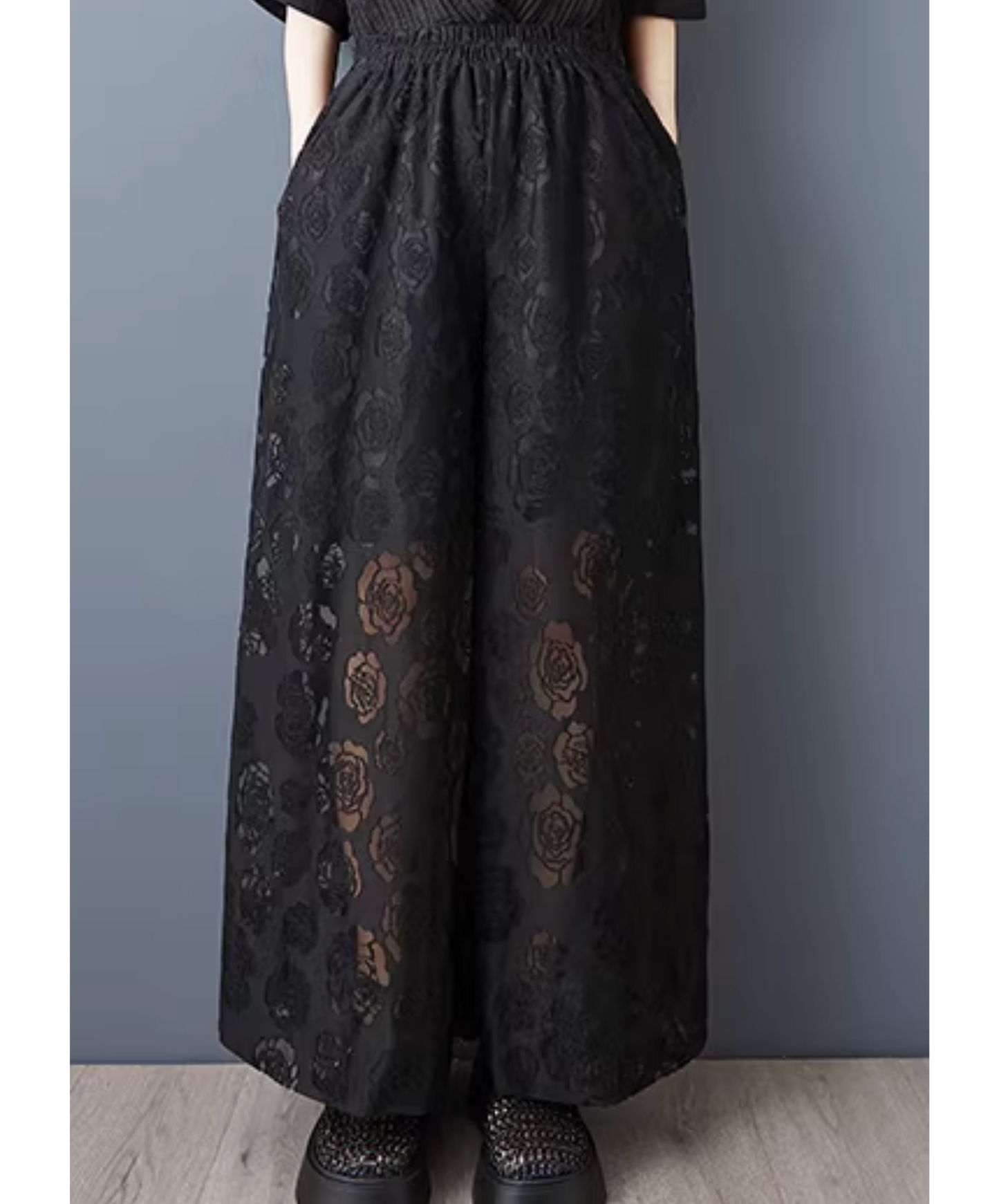 dark rose motif lace design wide pants EN2798