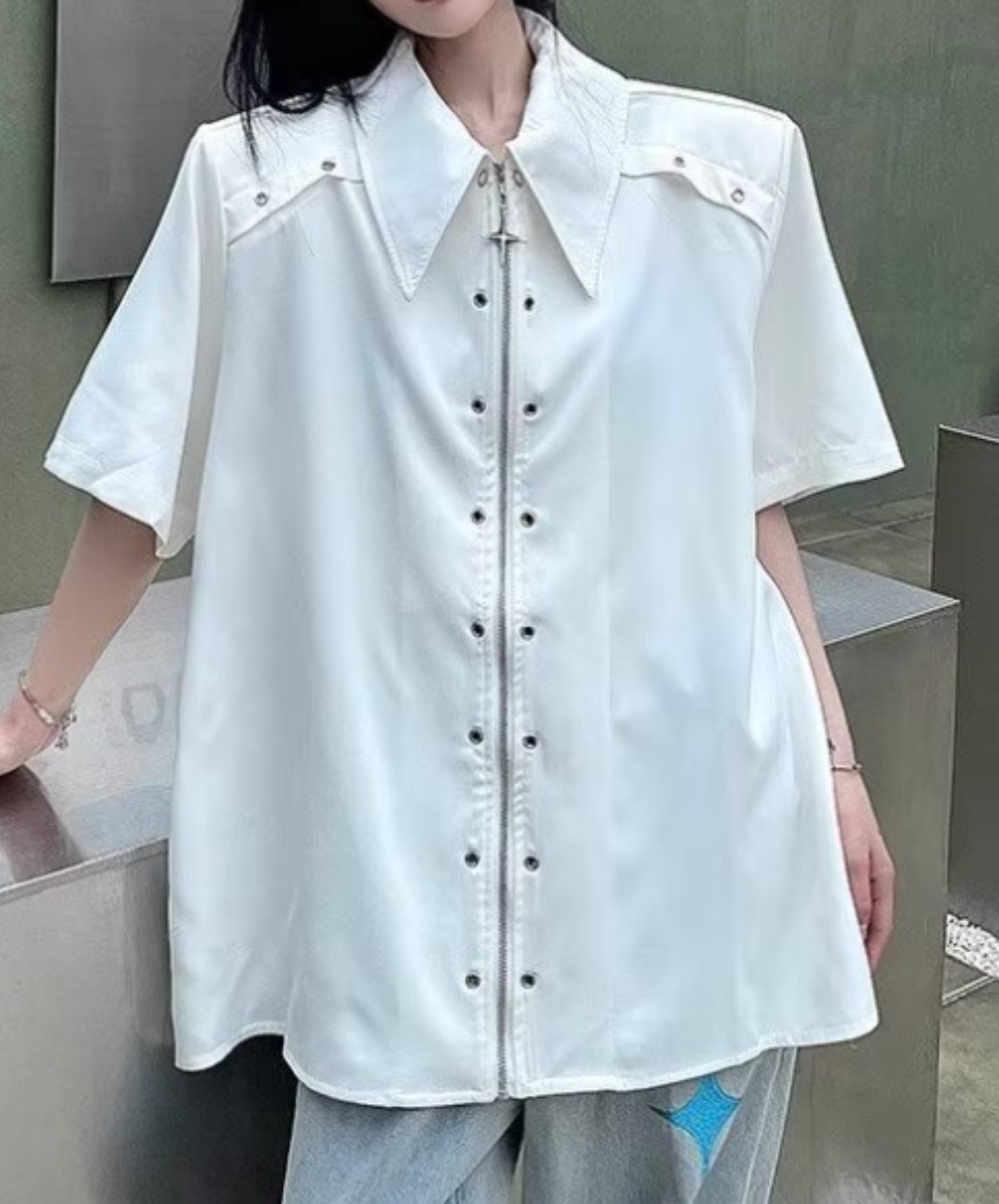 metal hole zipper shirt EN2883