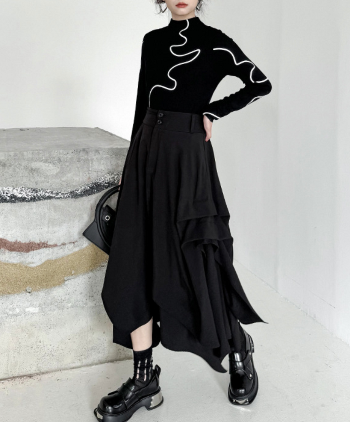 dark asymmetric drape buttons skirt EN2330