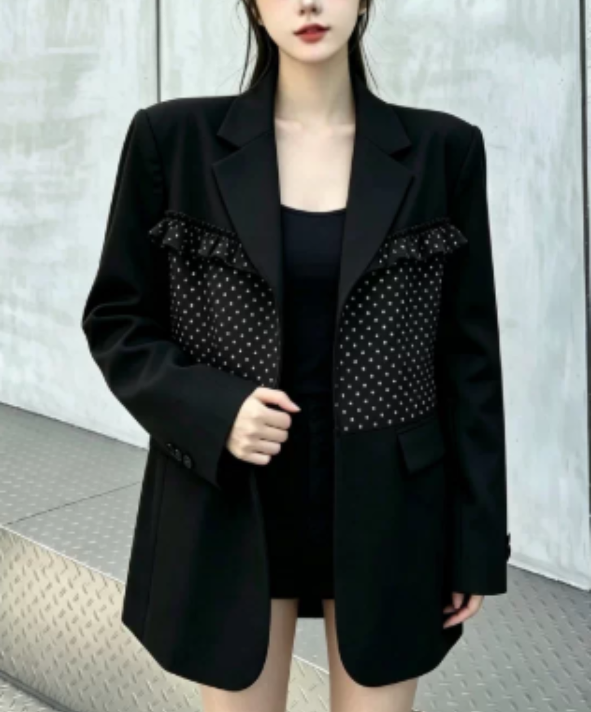 ruffle detail with a polka-dot bow tie jacket EN3167