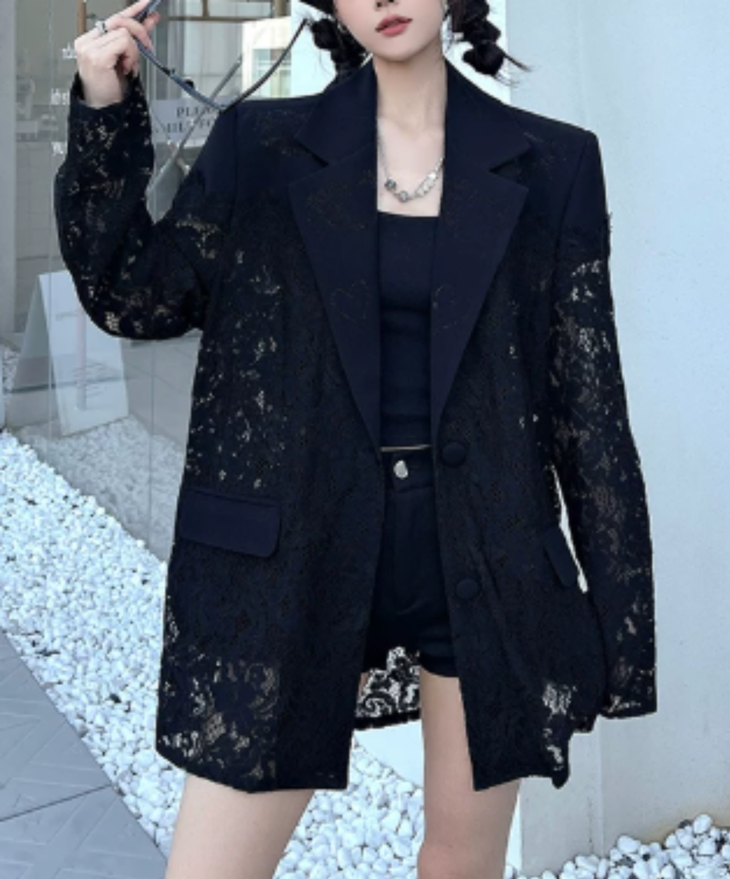dark lace-panelled openwork design jacket EN3139