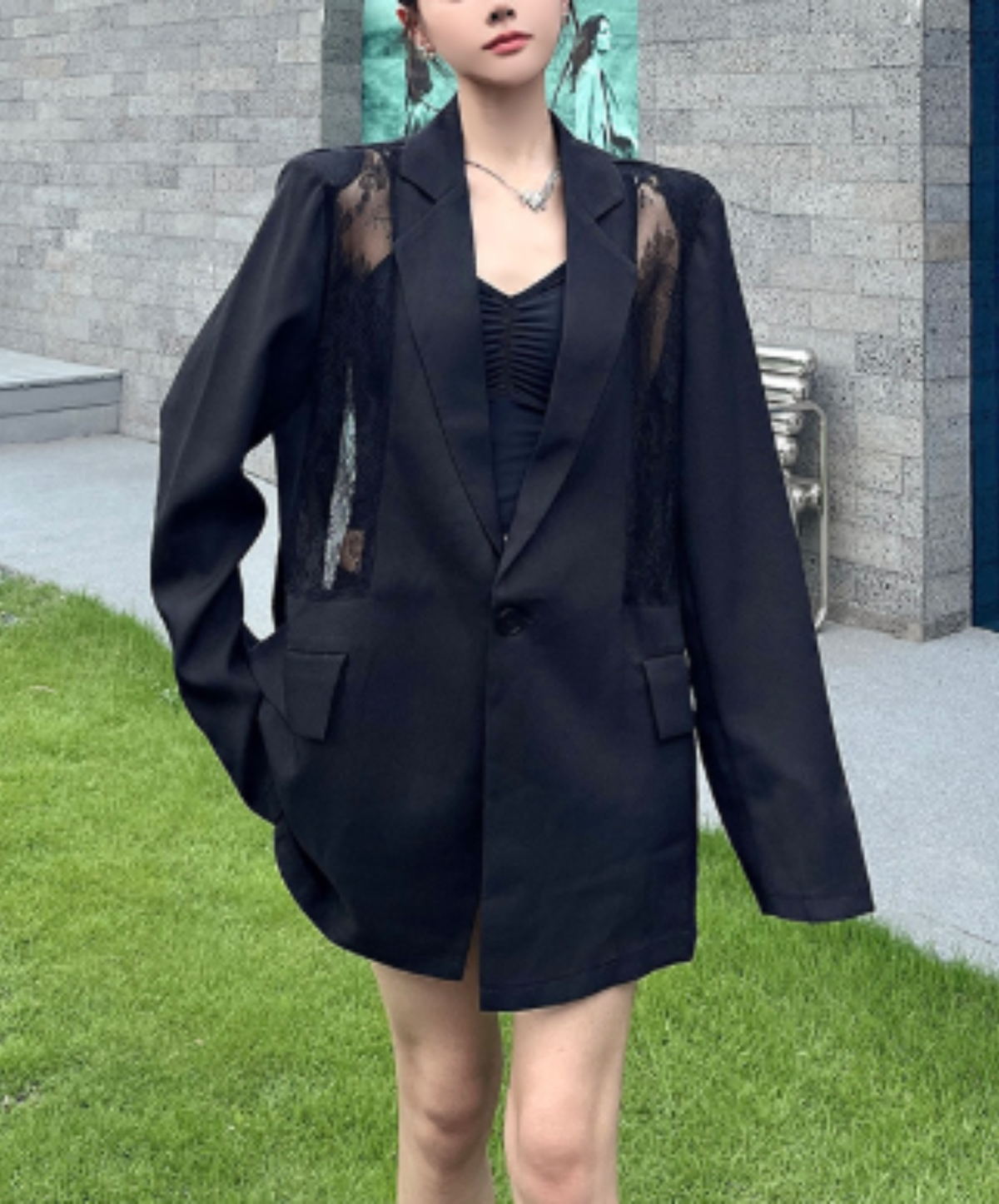 sheer lace panel design jacket EN3184