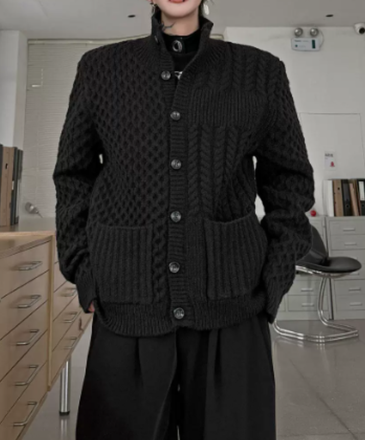 high-neck raised-relief knitting cardigan EN3256