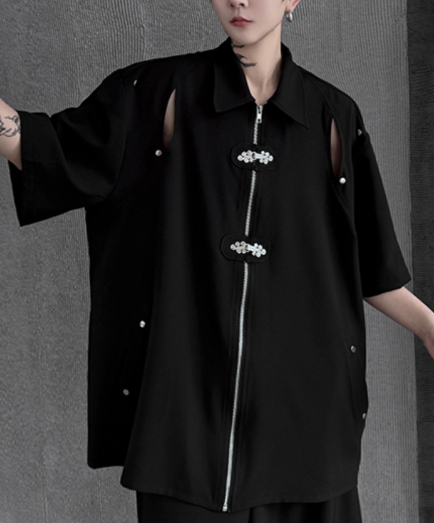 dark chinese style metal buckle slit zip shirt EN1744