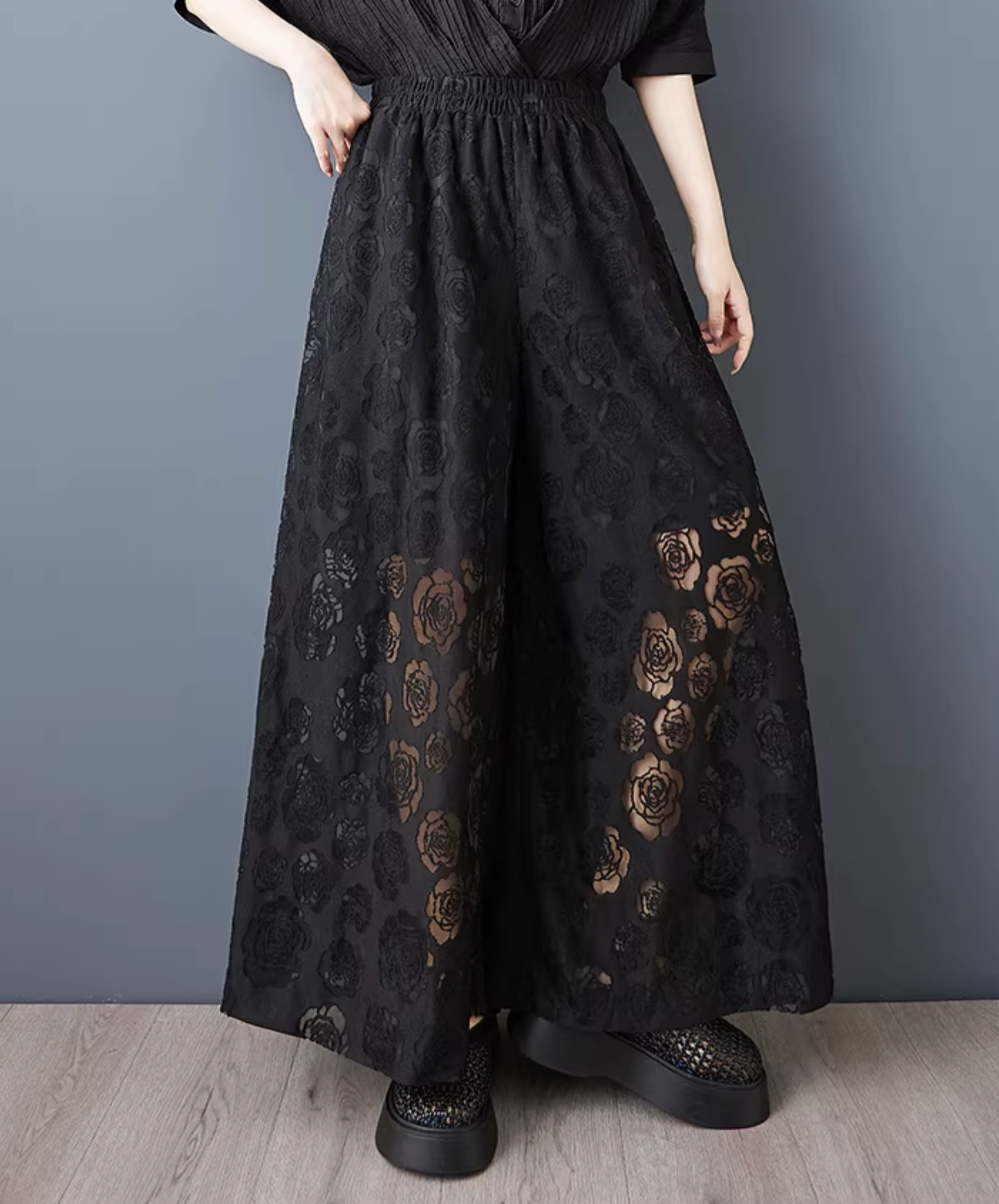 dark rose motif lace design wide pants EN2798