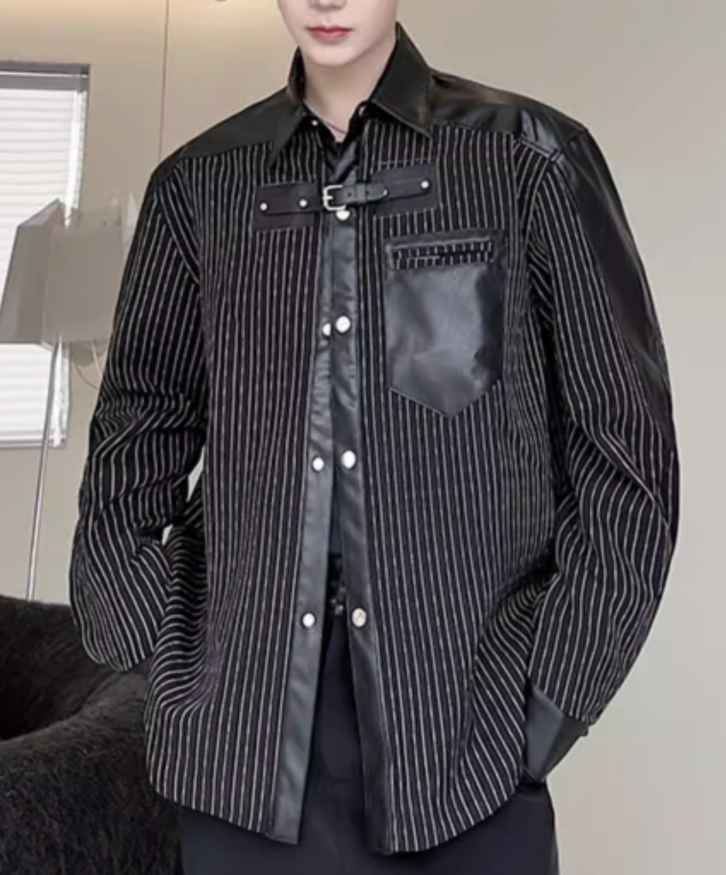 thin striped leather patchwork shirt EN2817