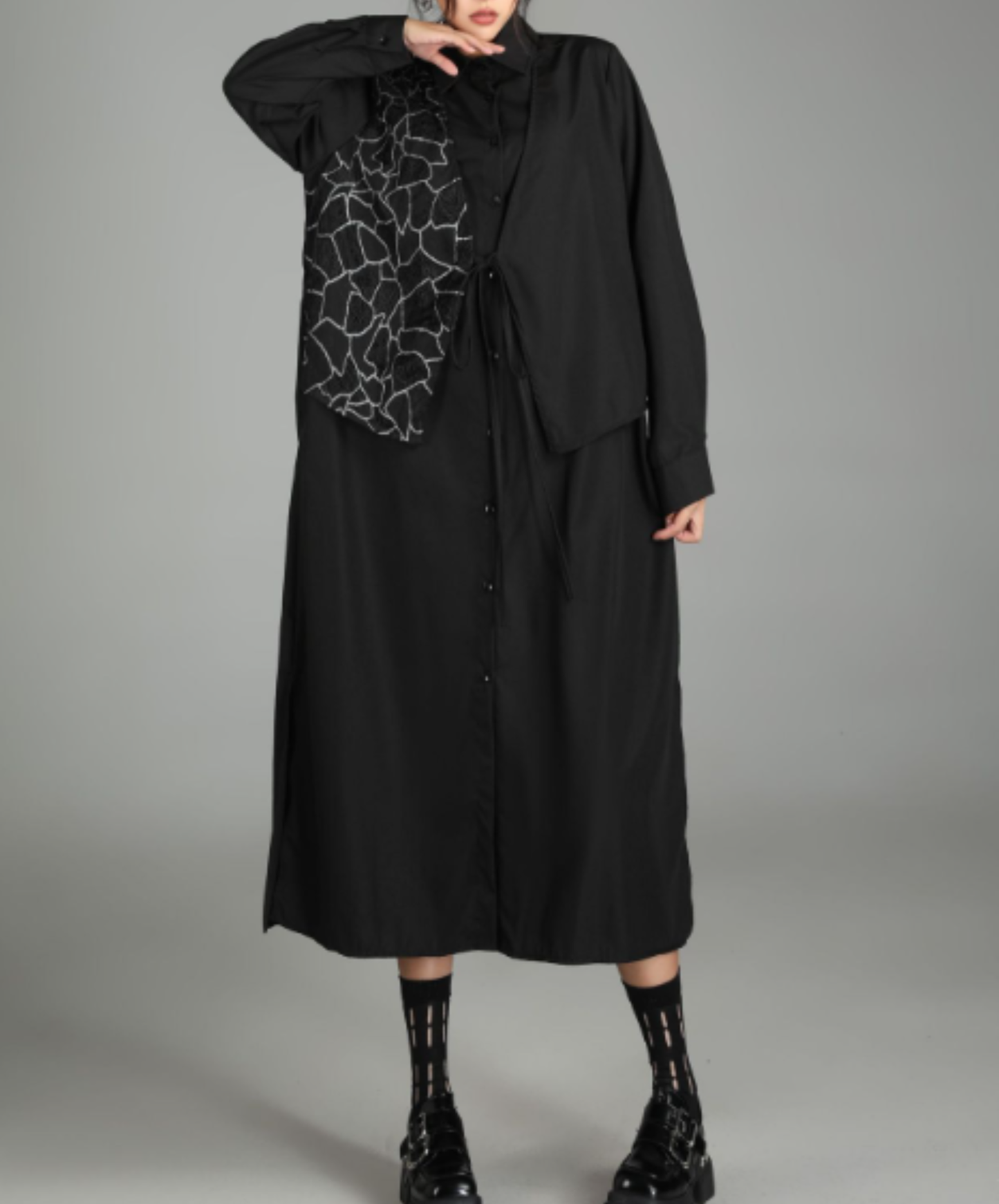 dark patchwork two-piece style long shirt EN3016