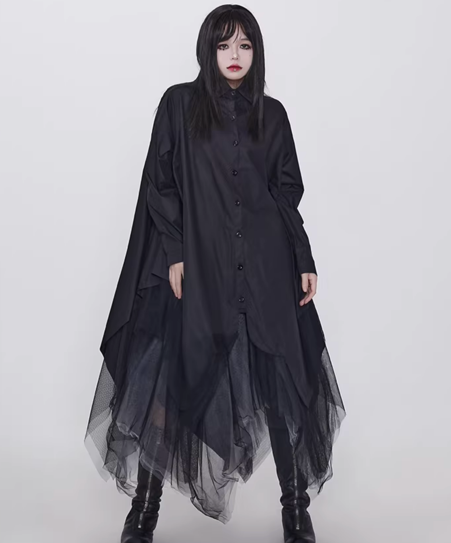 dark faux leather irregular patchwork long shirt EN2831