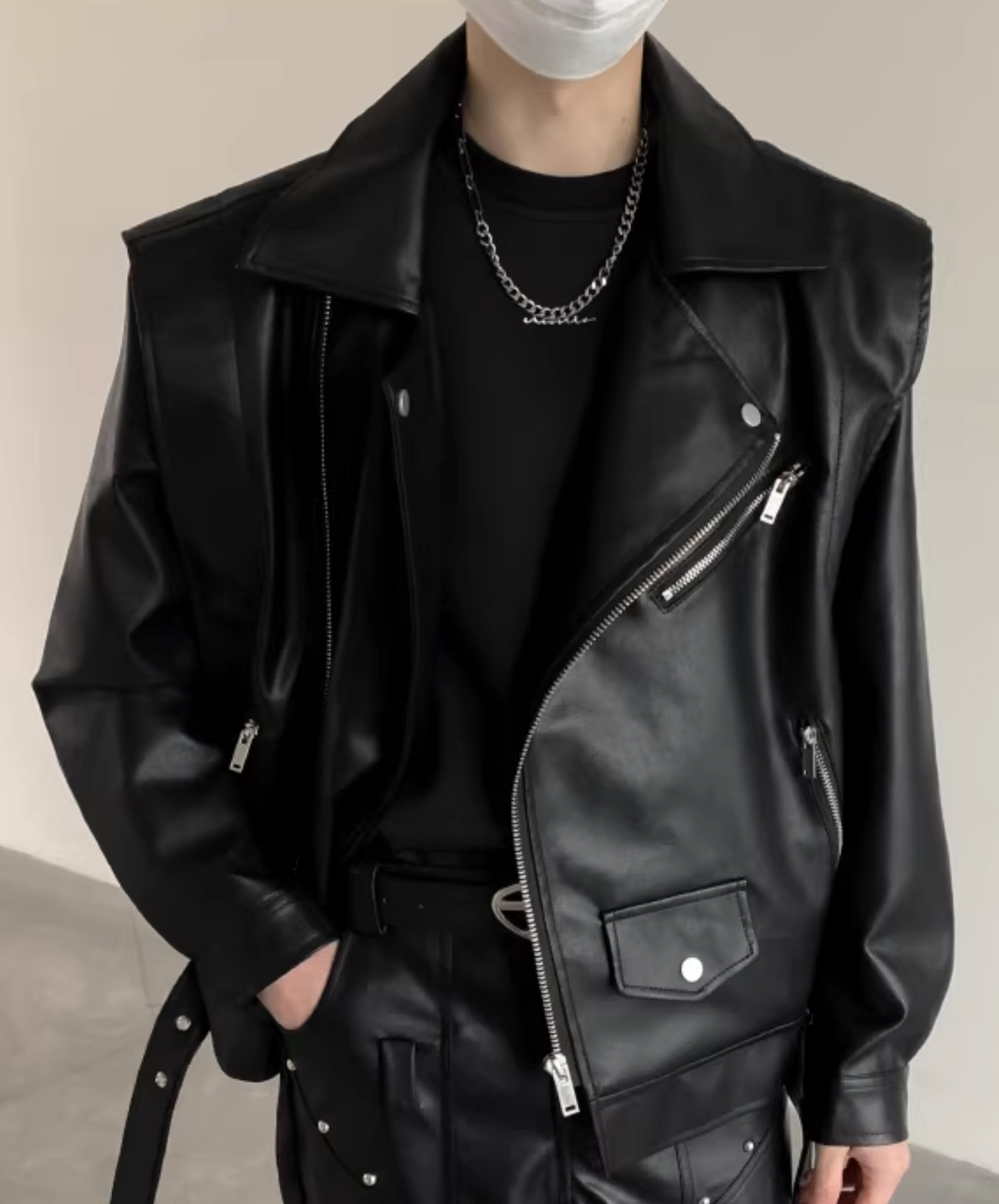 loose lapel pu leather jacket EN2621