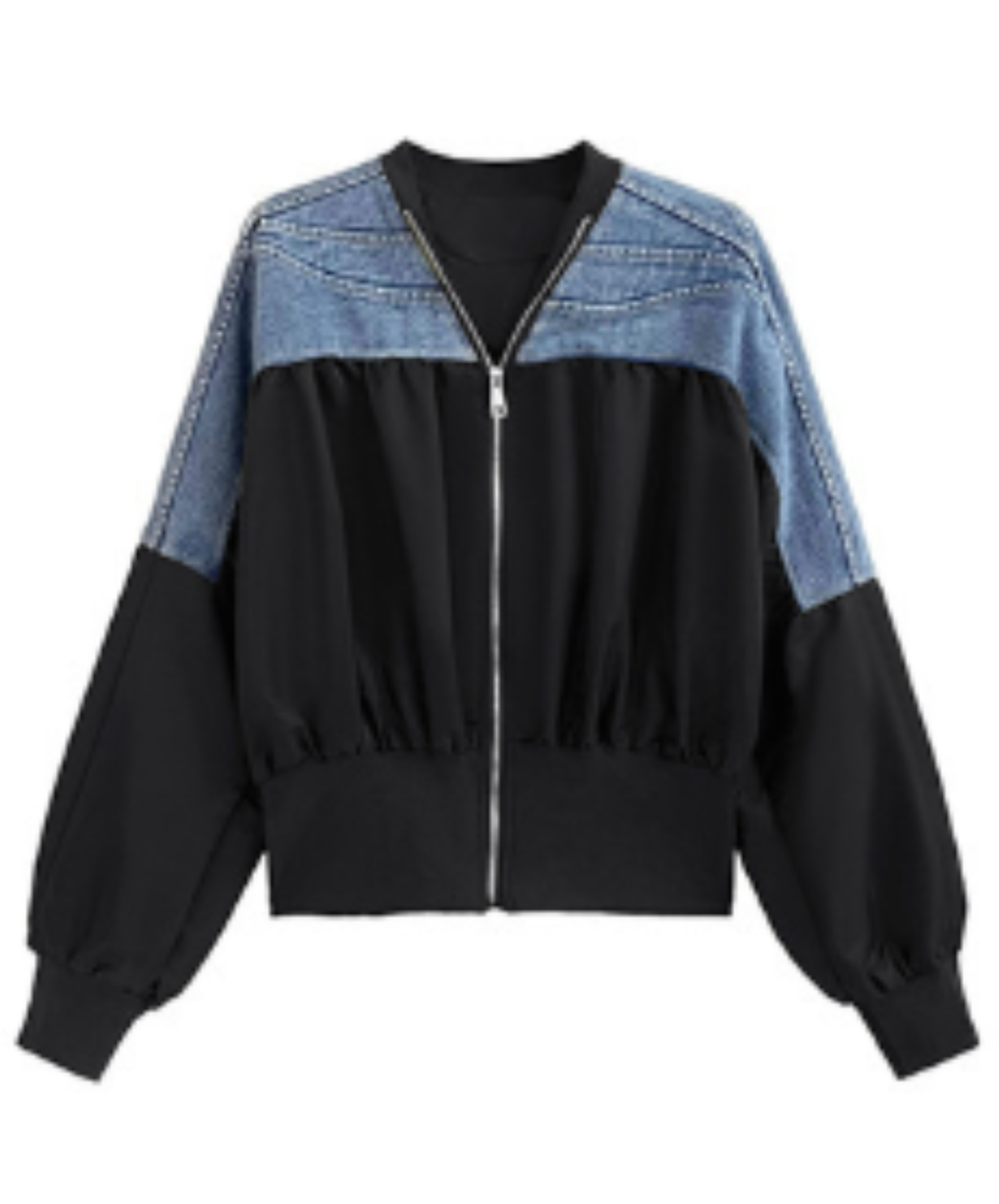 cropped denim patchwork style zipper jacket EN3112