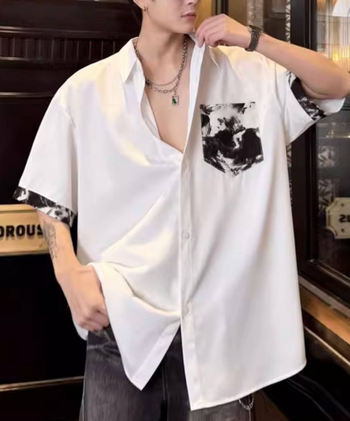dark color block print shirt EN2800
