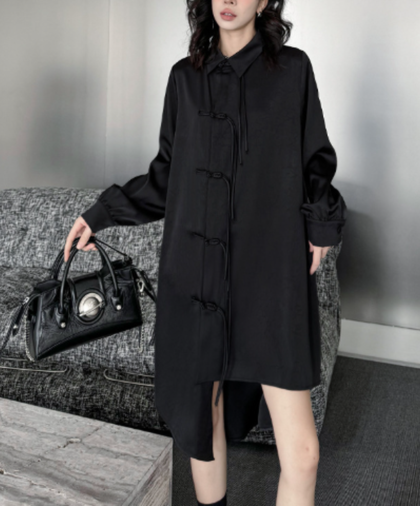 dark chinese-style irregular-cut button long shirt EN3109