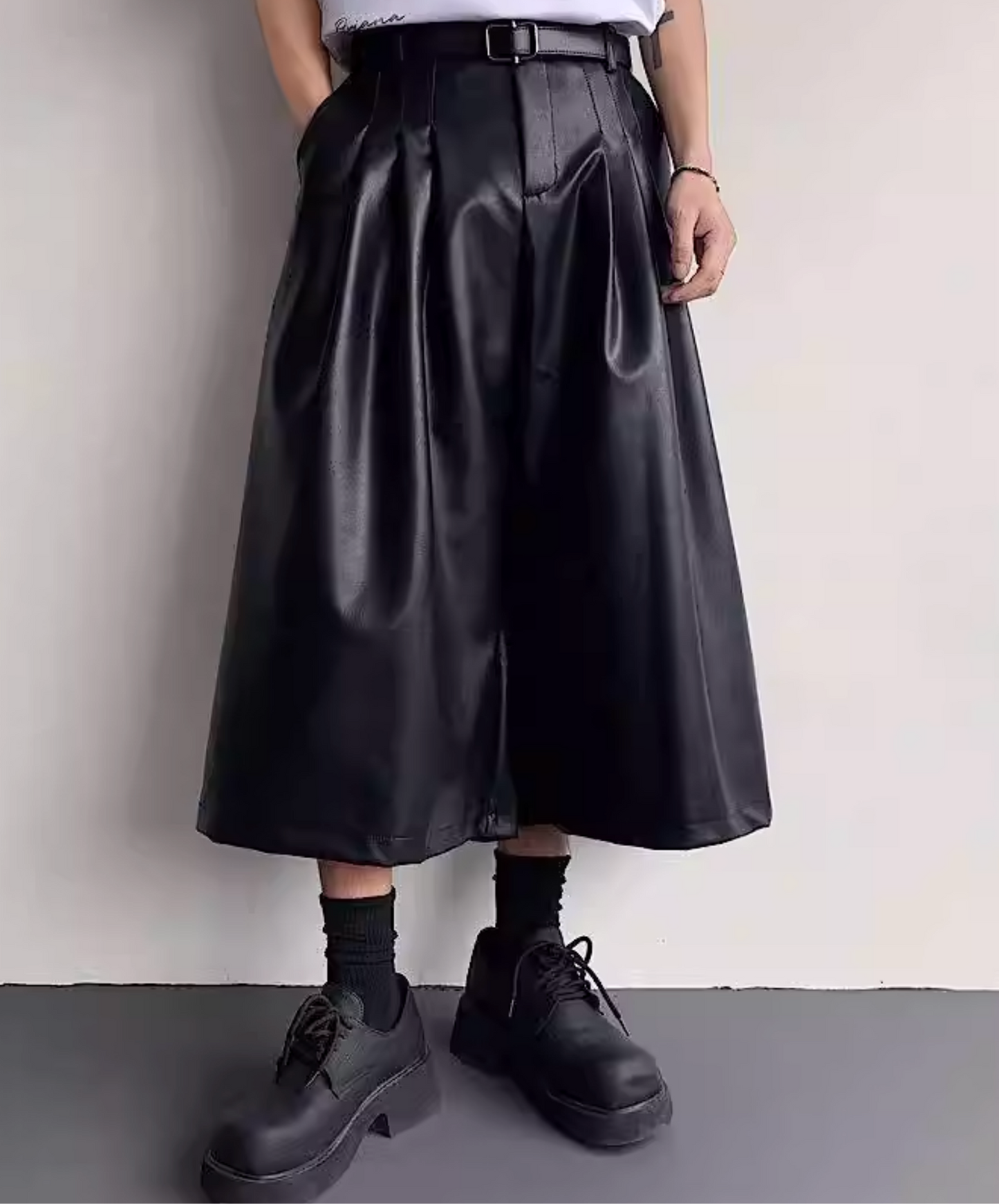 pu leather mid-length wide pants EN2835