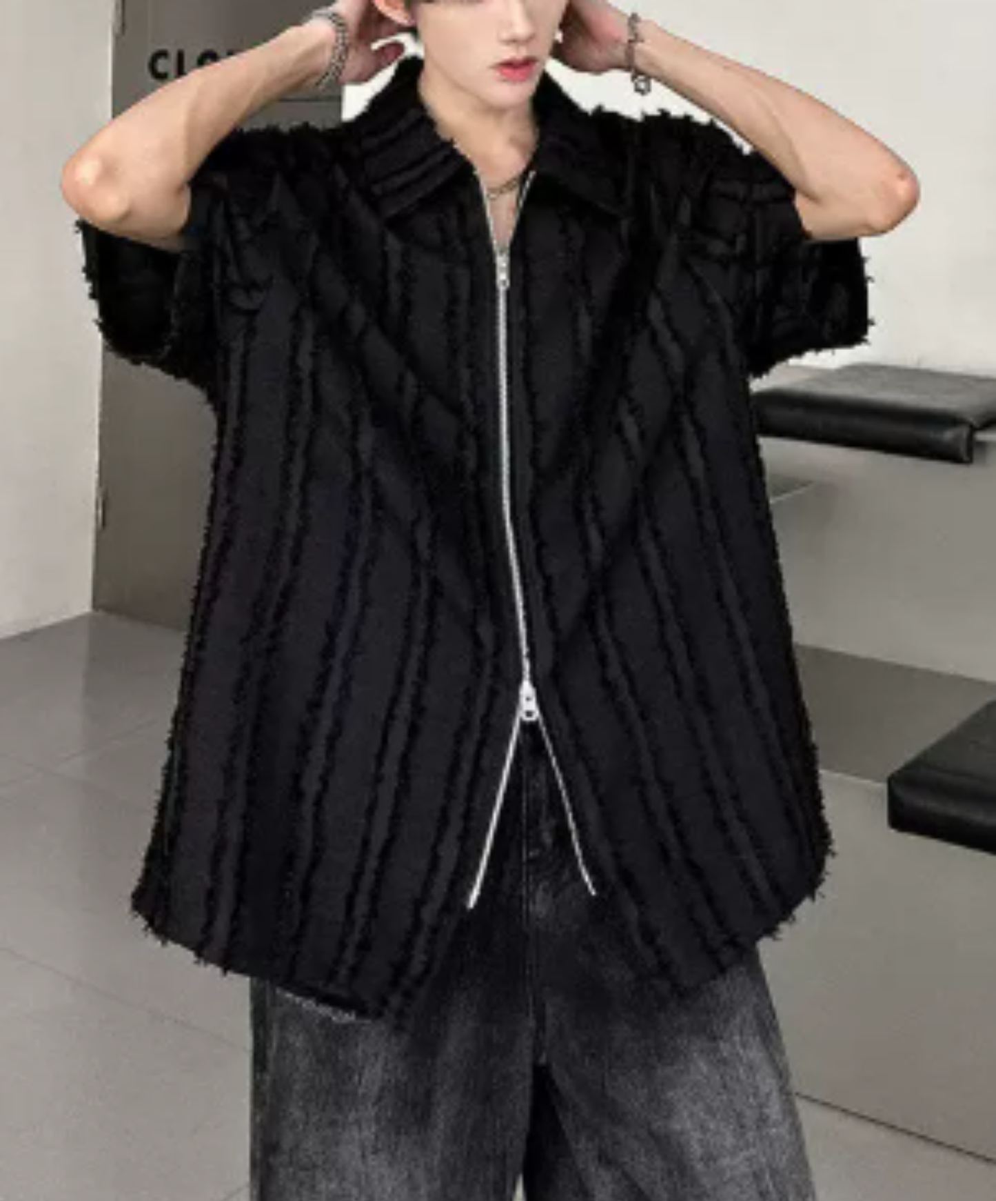 frayed design double zipper shirt EN2976