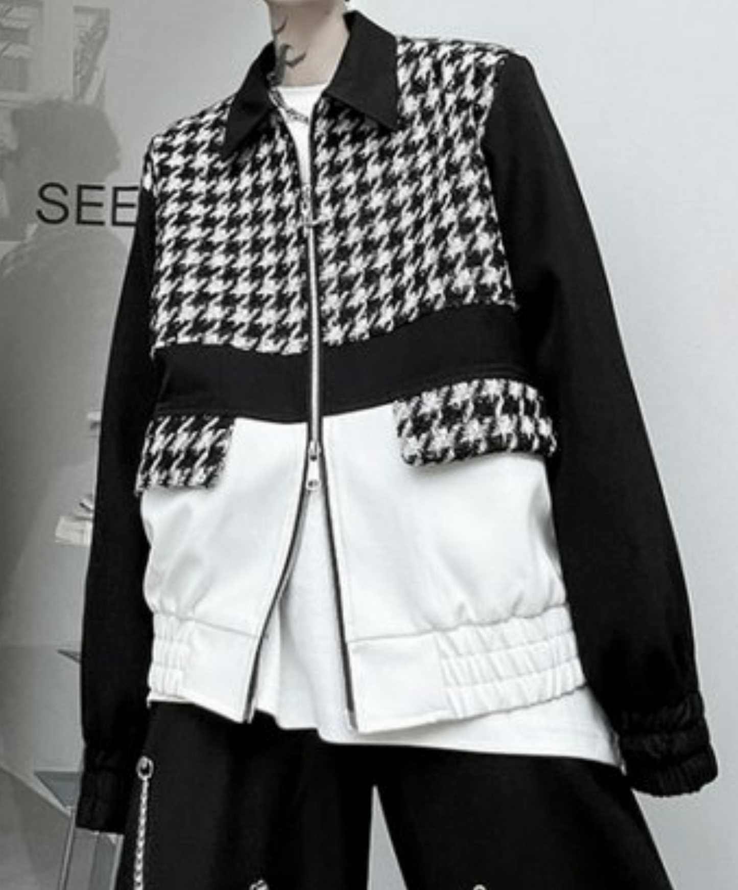 mixed materials houndstooth double zip jacket EN1917