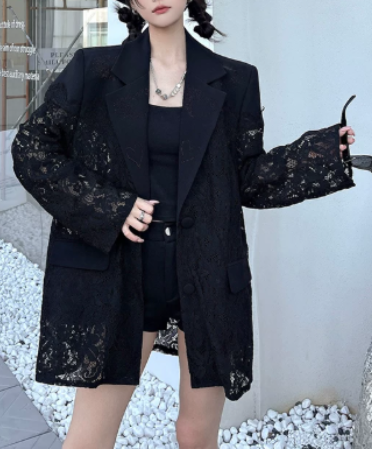 dark lace-panelled openwork design jacket EN3139