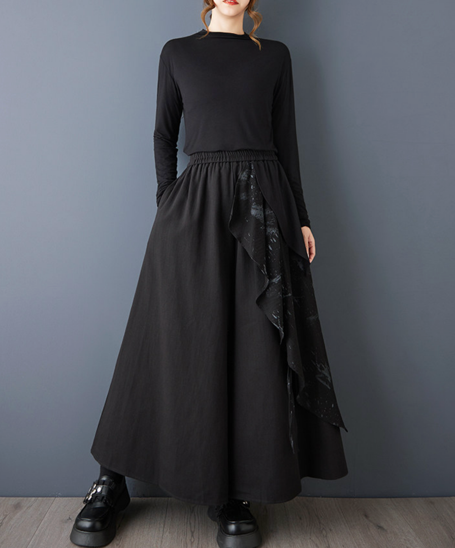 dark printed patchwork asymmetric wide pants EN2735