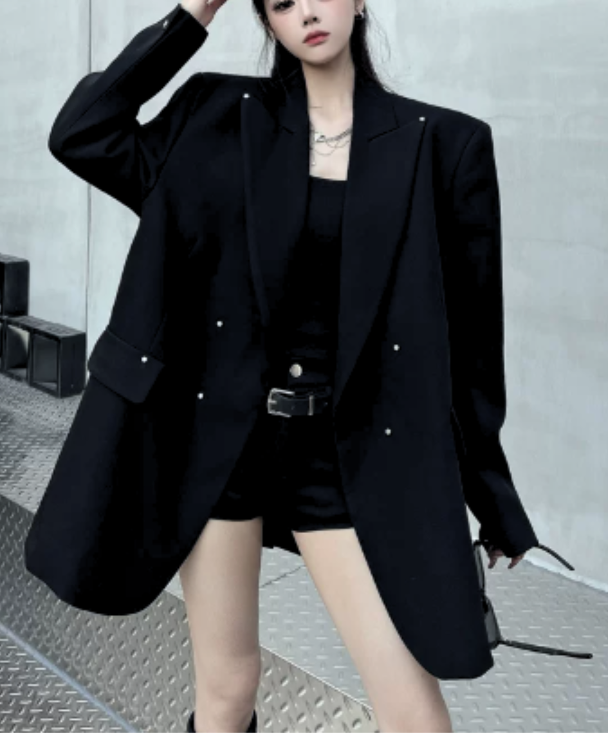 dark shaggy lapel mixed-material paneling jacket EN3190