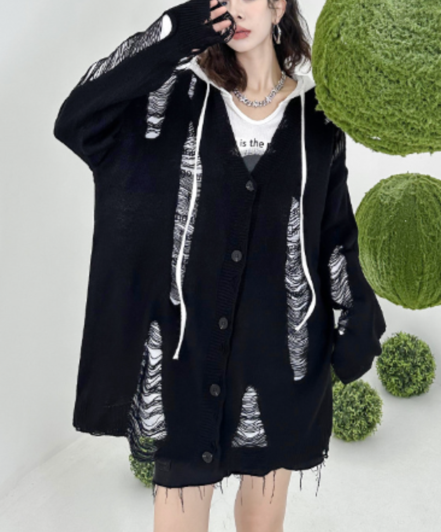 dolman-sleeve top with heavy distressing cardigan EN3123