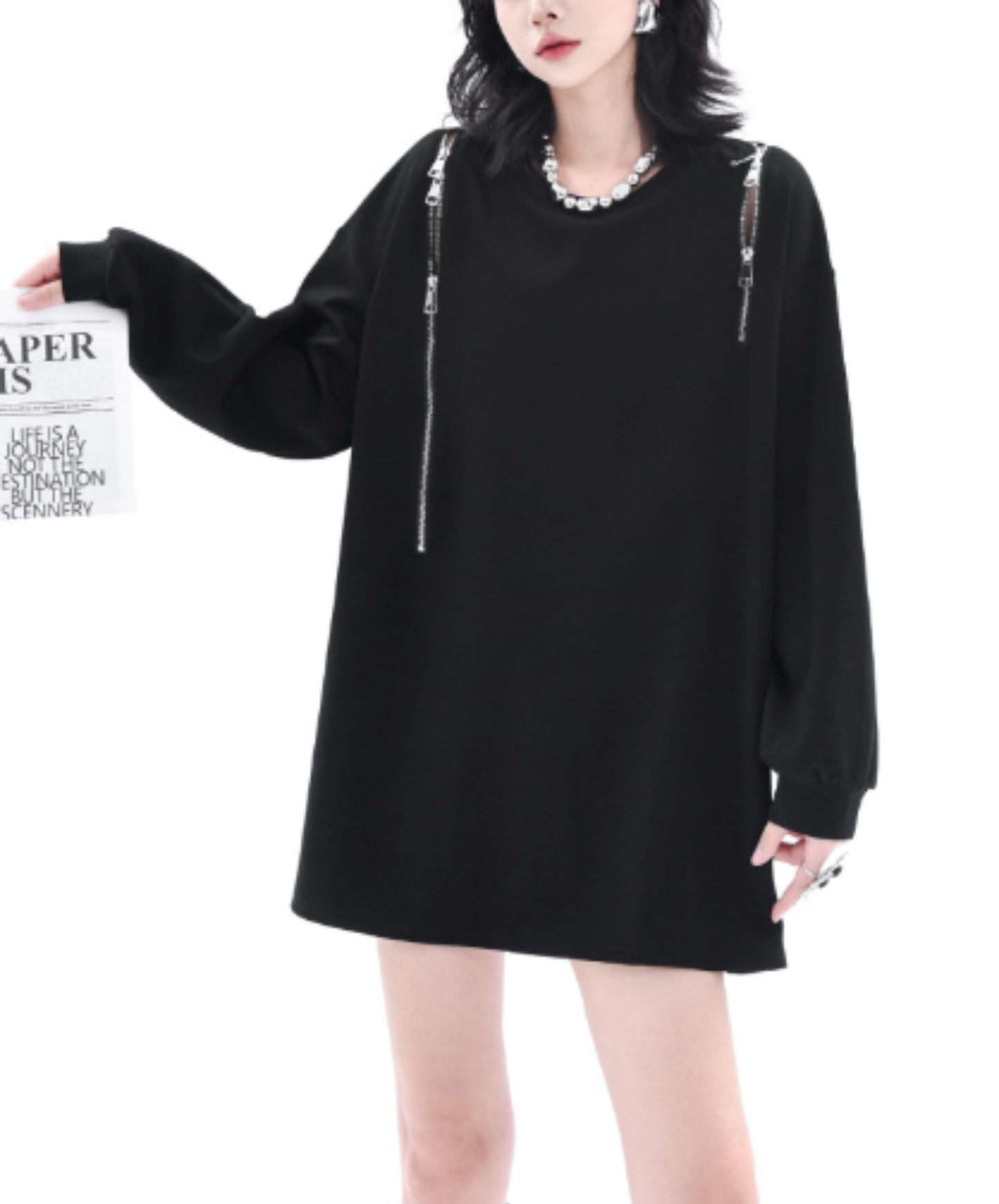 chain-pattern patchwork mid-length style sweatshirt EN3132