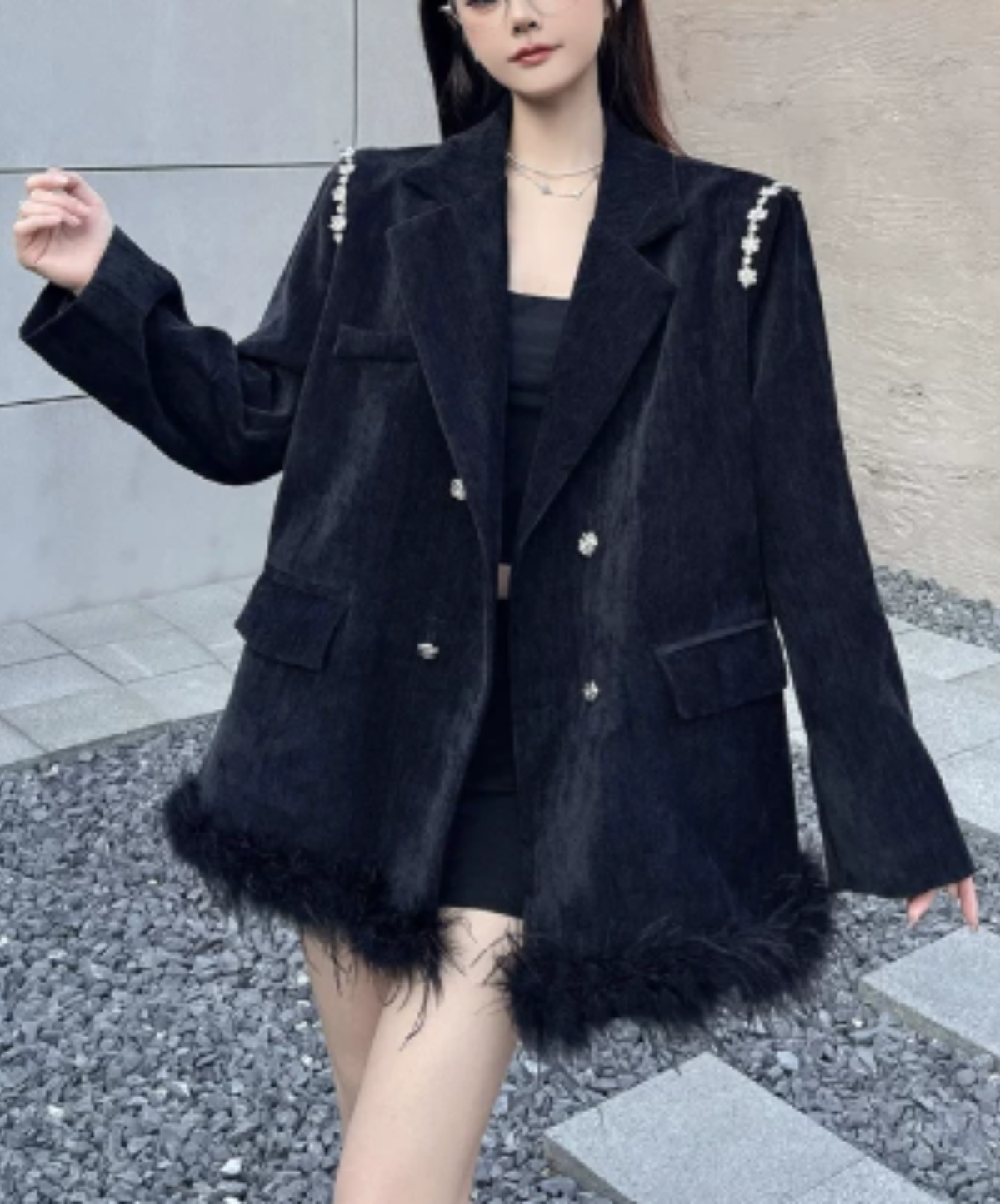 dark fur hem with floral lace embellishment jacket EN3191